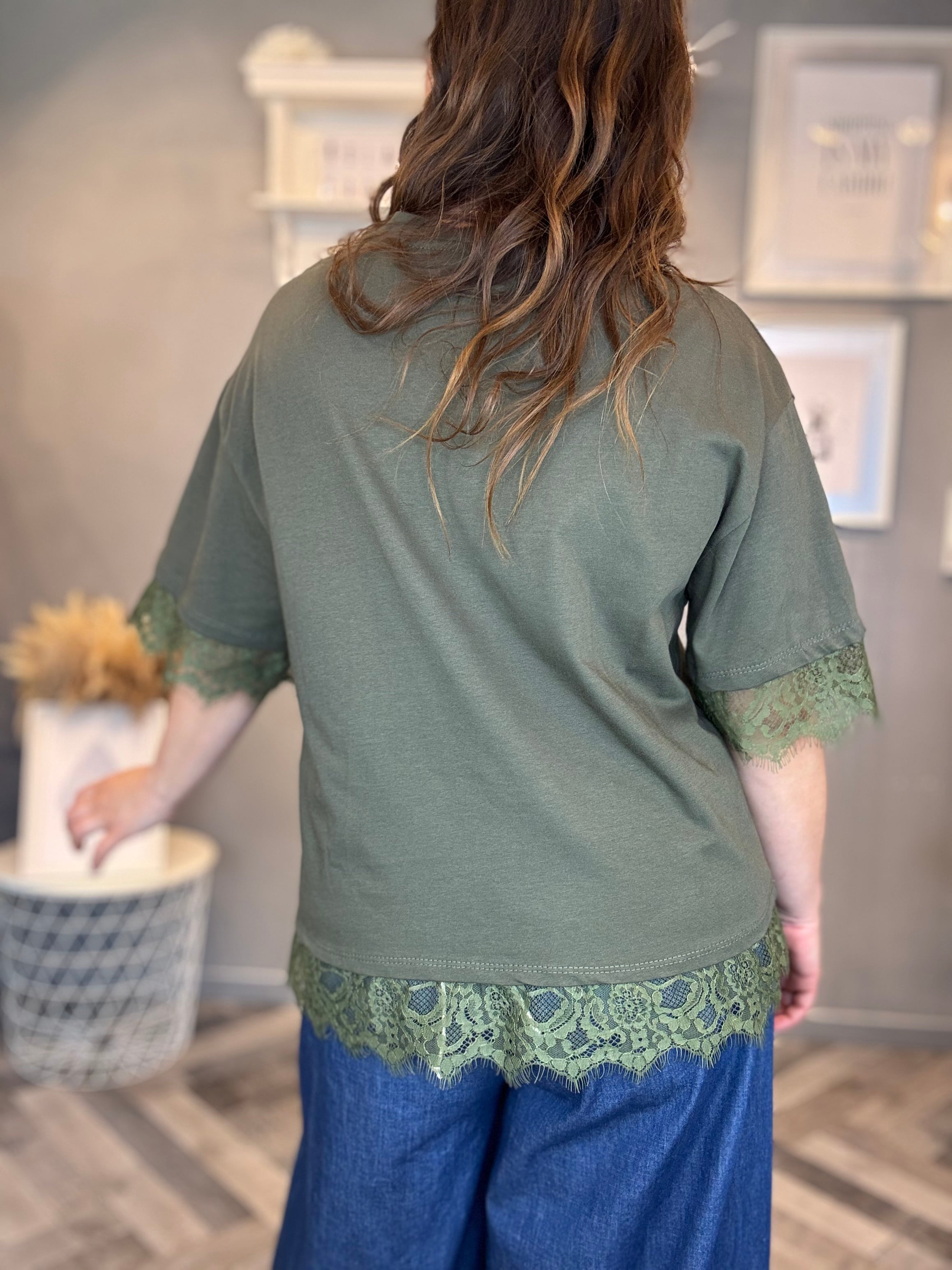 T-shirt verde militare pizzo all over