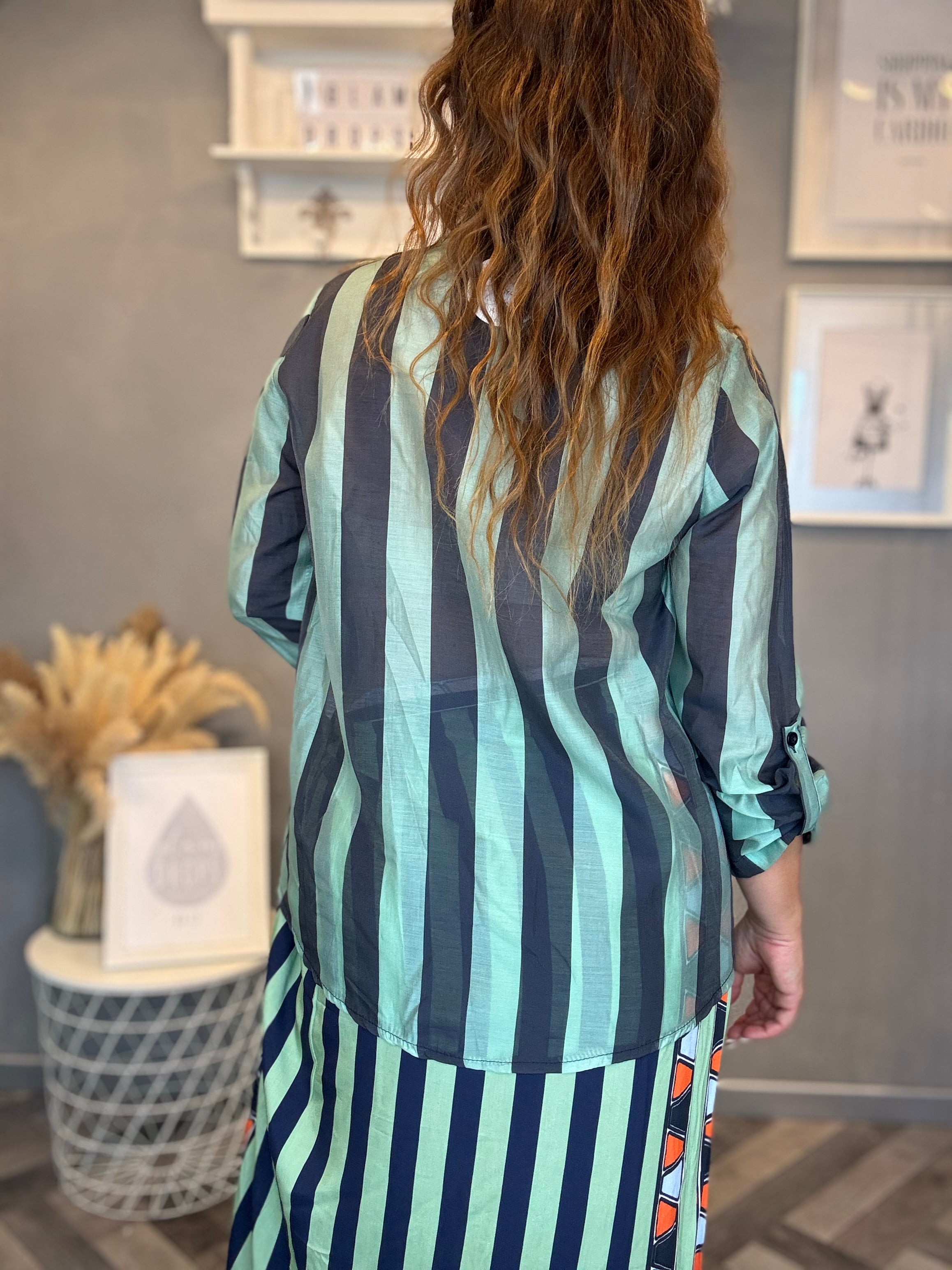 Camicia Isla Bonita bande roll-up blu e acqua