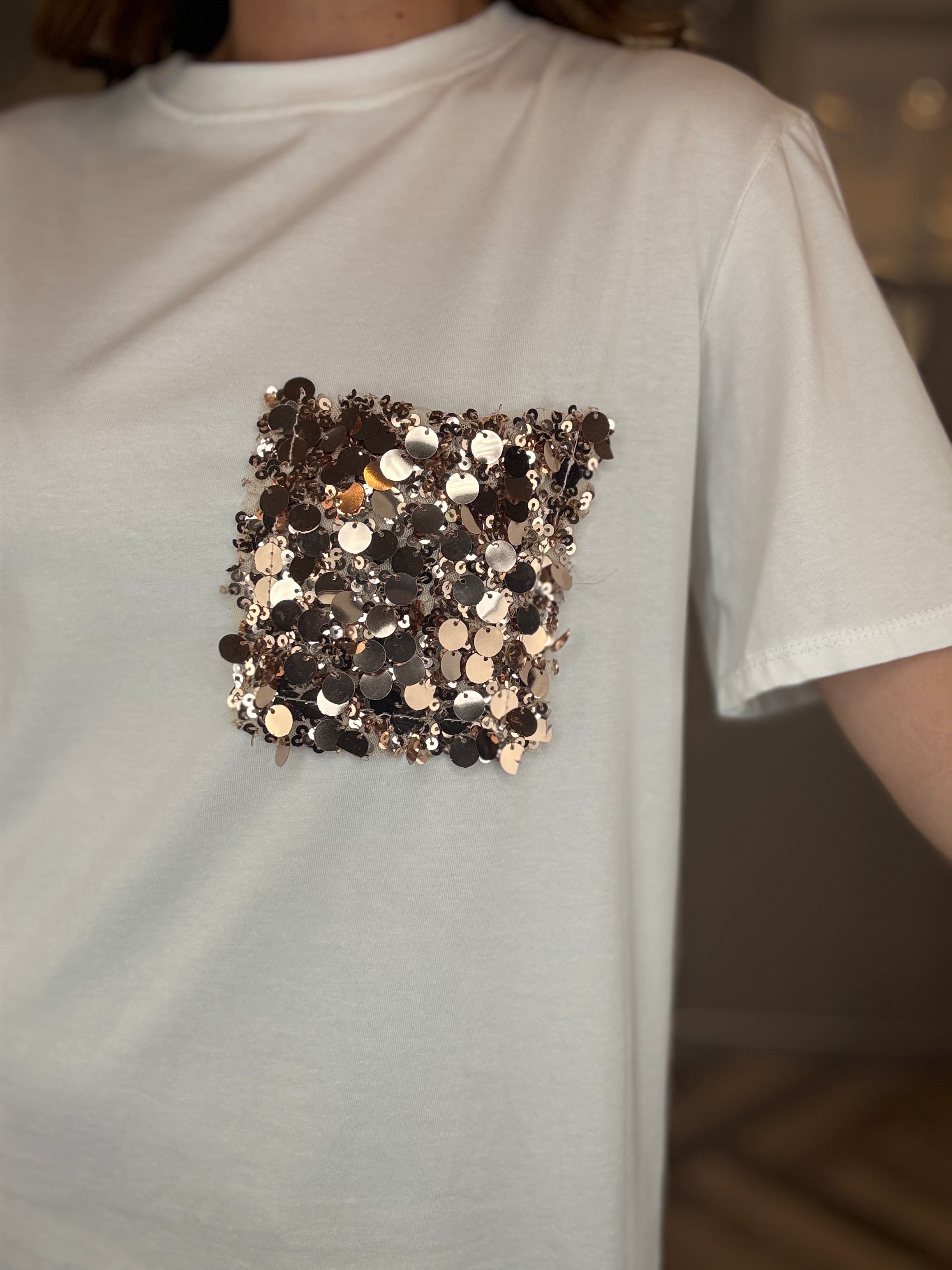 T-shirt tasca paillettes oro rosa