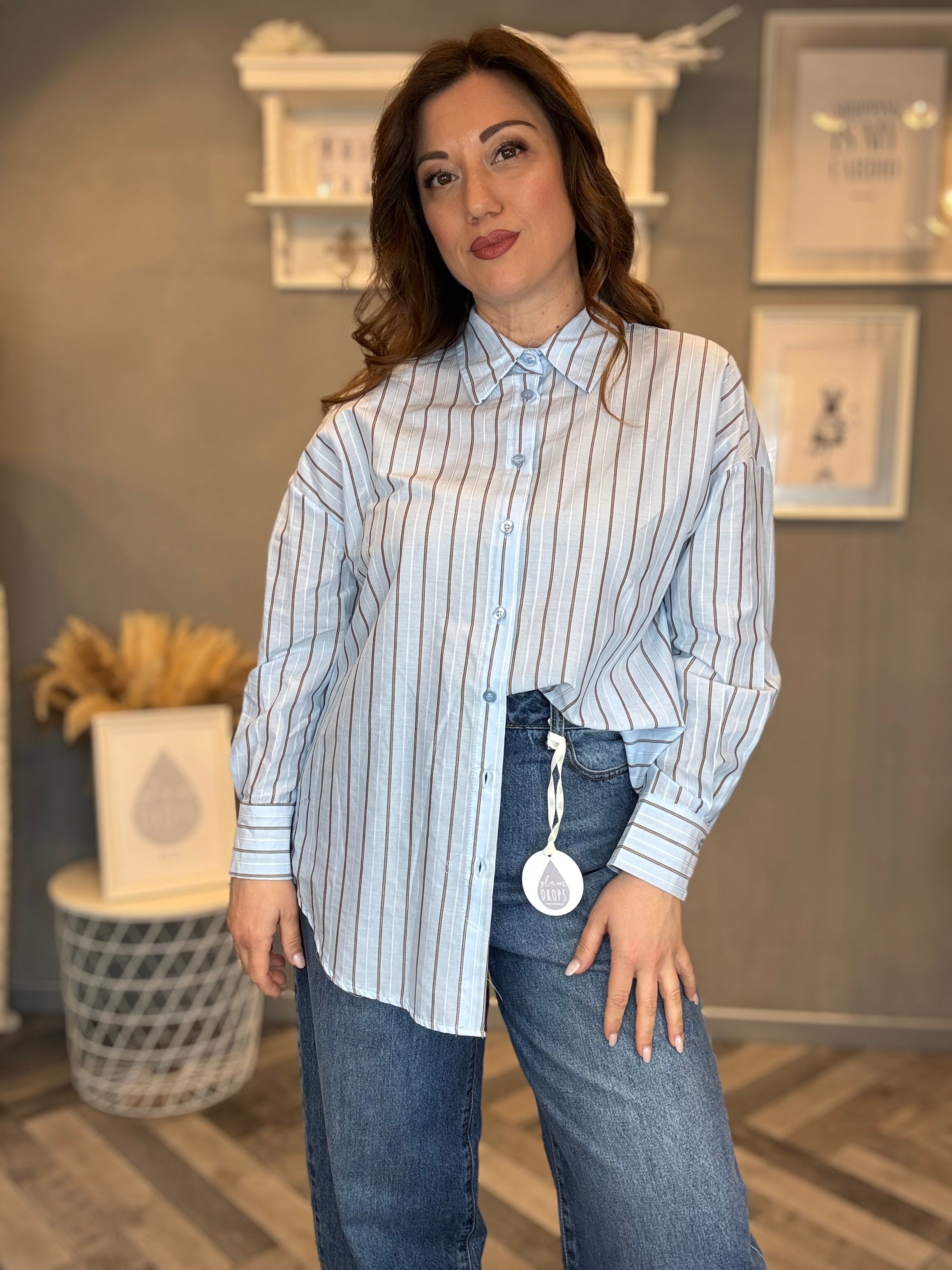Camicia over celeste righe cioccolato