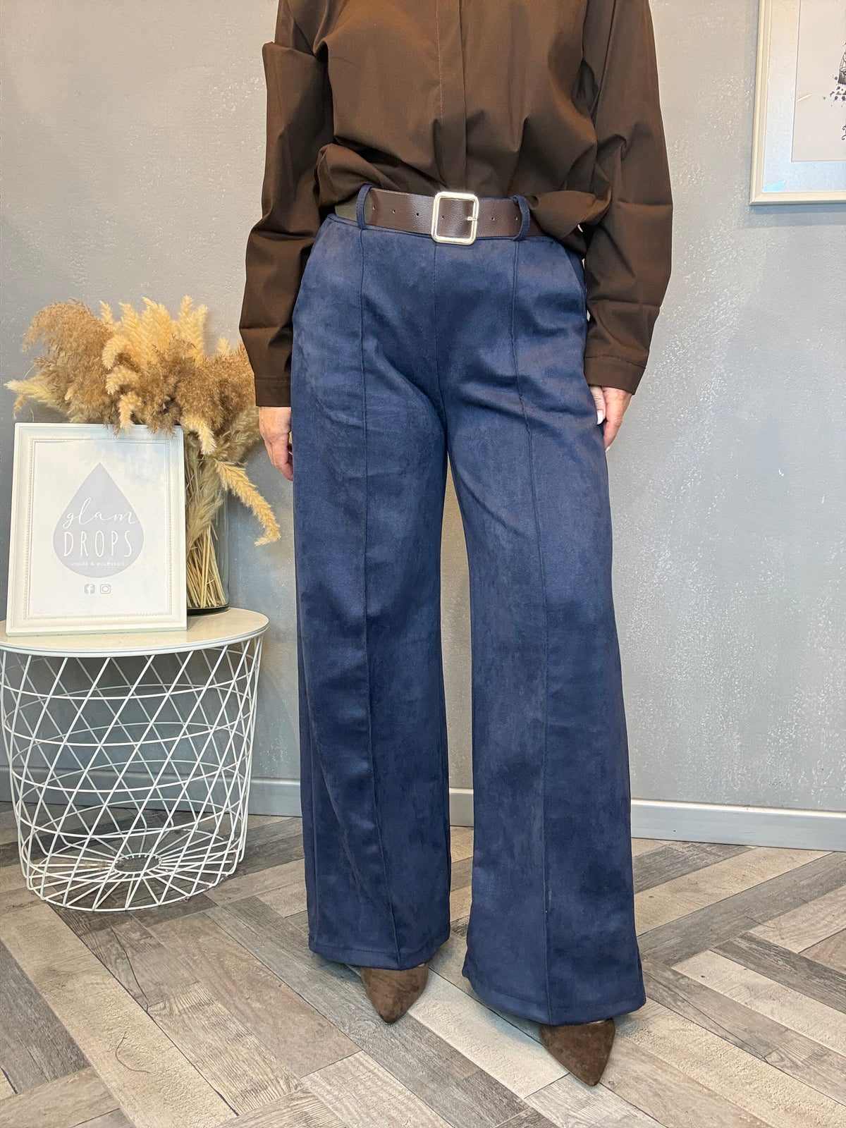 Pantalone Icon ecosuede blu con cintura