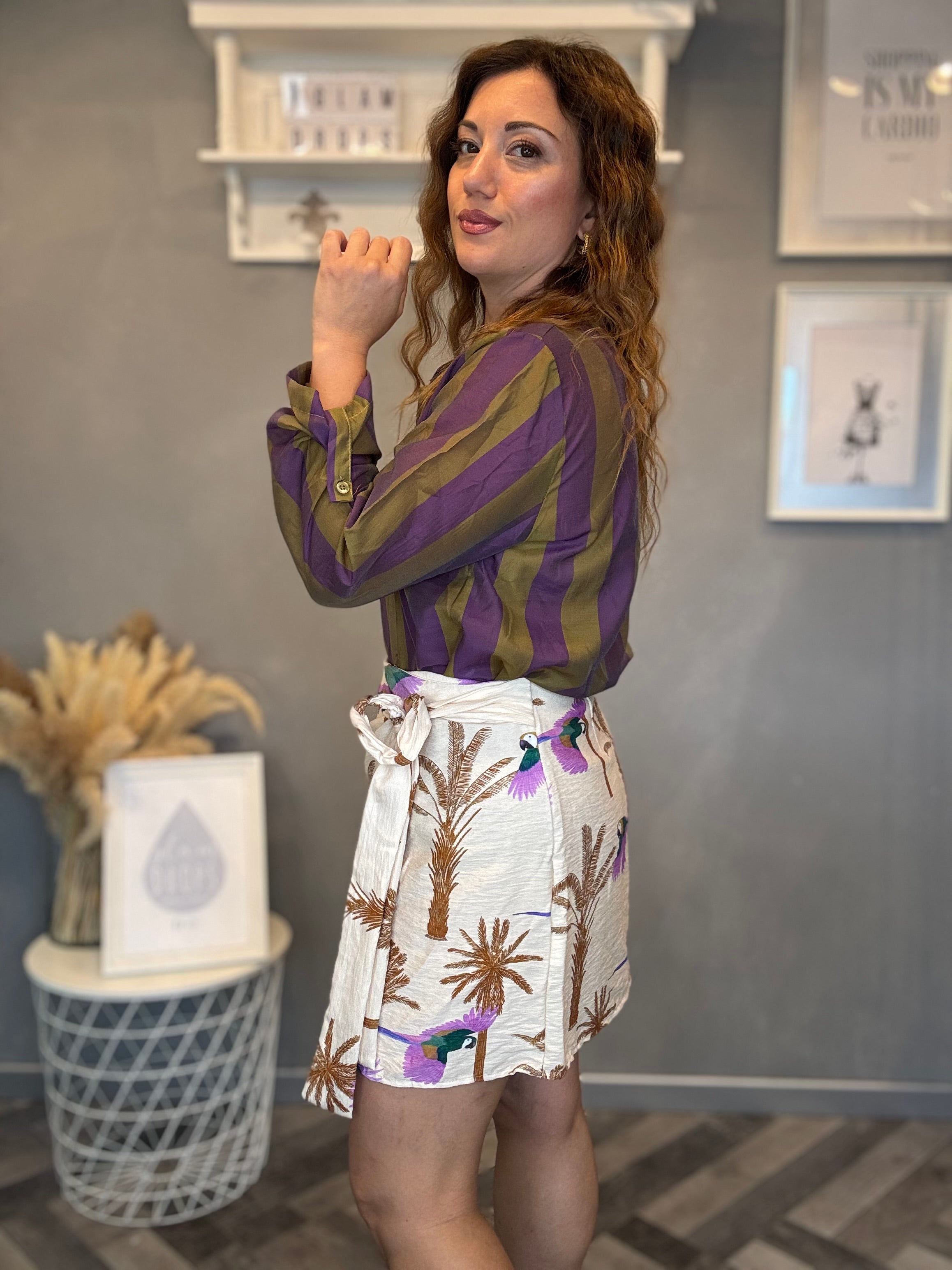 Camicia Isla Bonita bande roll-up viola e oliva