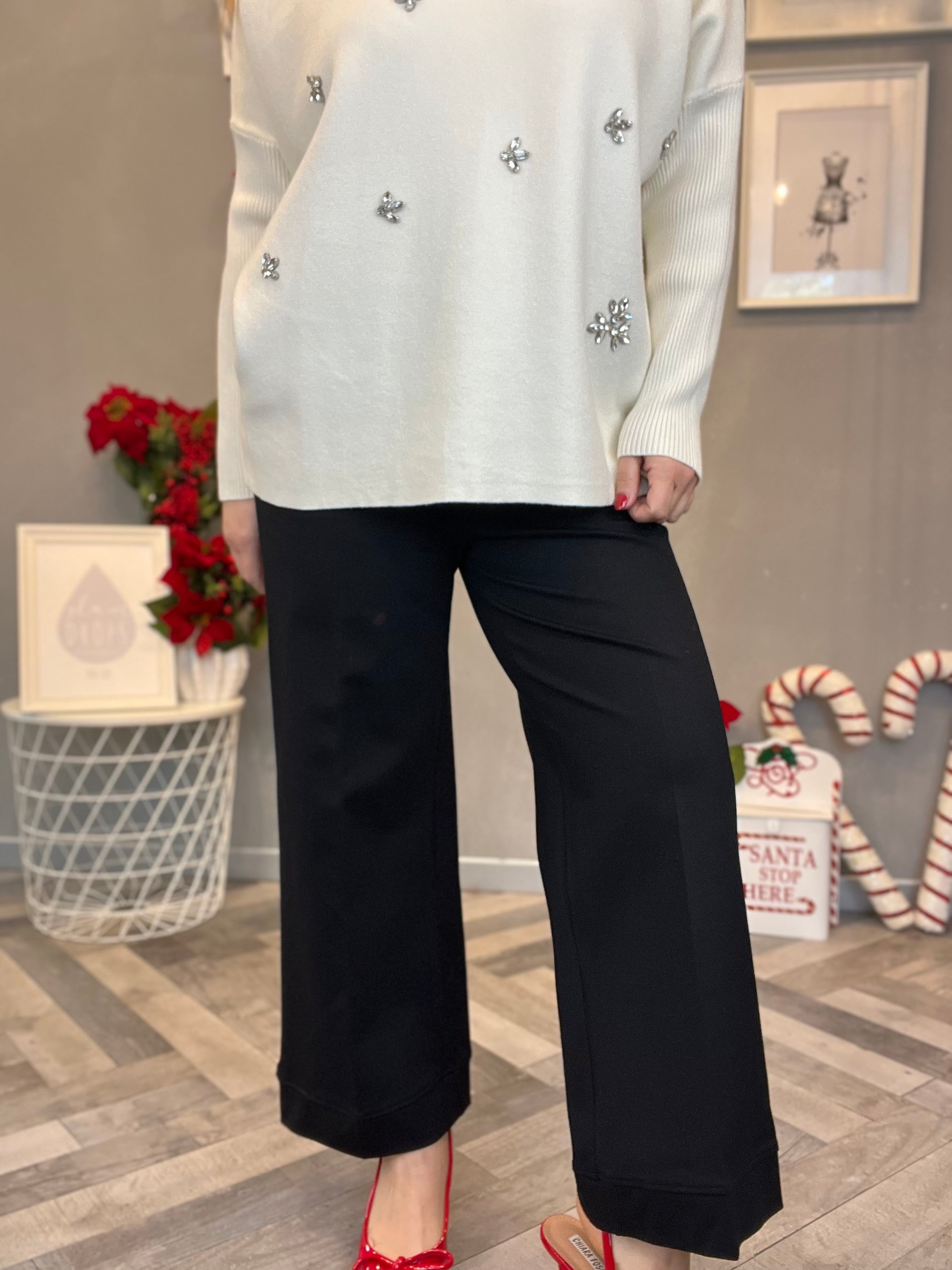 Pantalone wide leg punto Milano nero