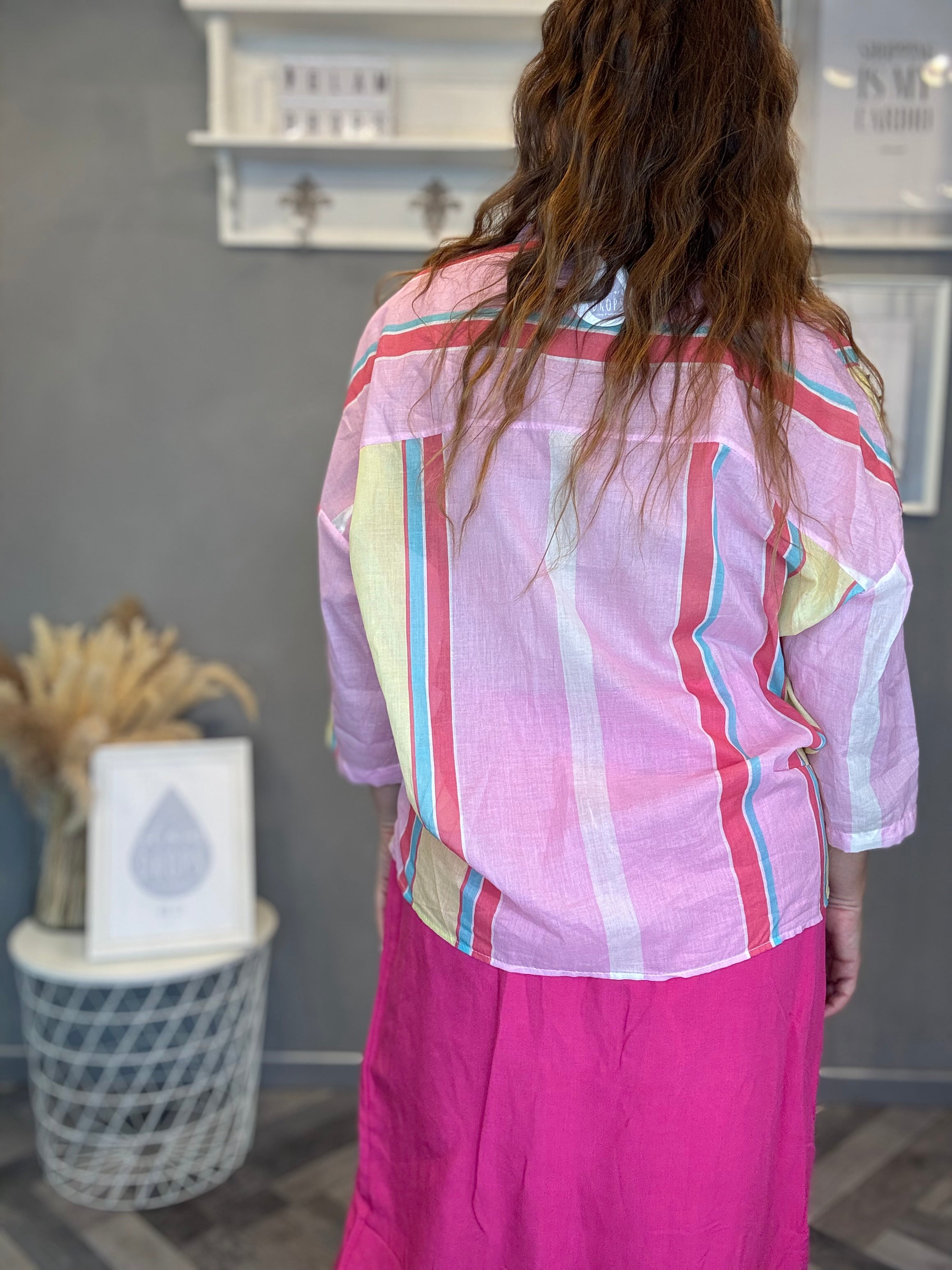 Camicia Isla Bonita coreana multiriga rosa, fucsia e giallo pastello