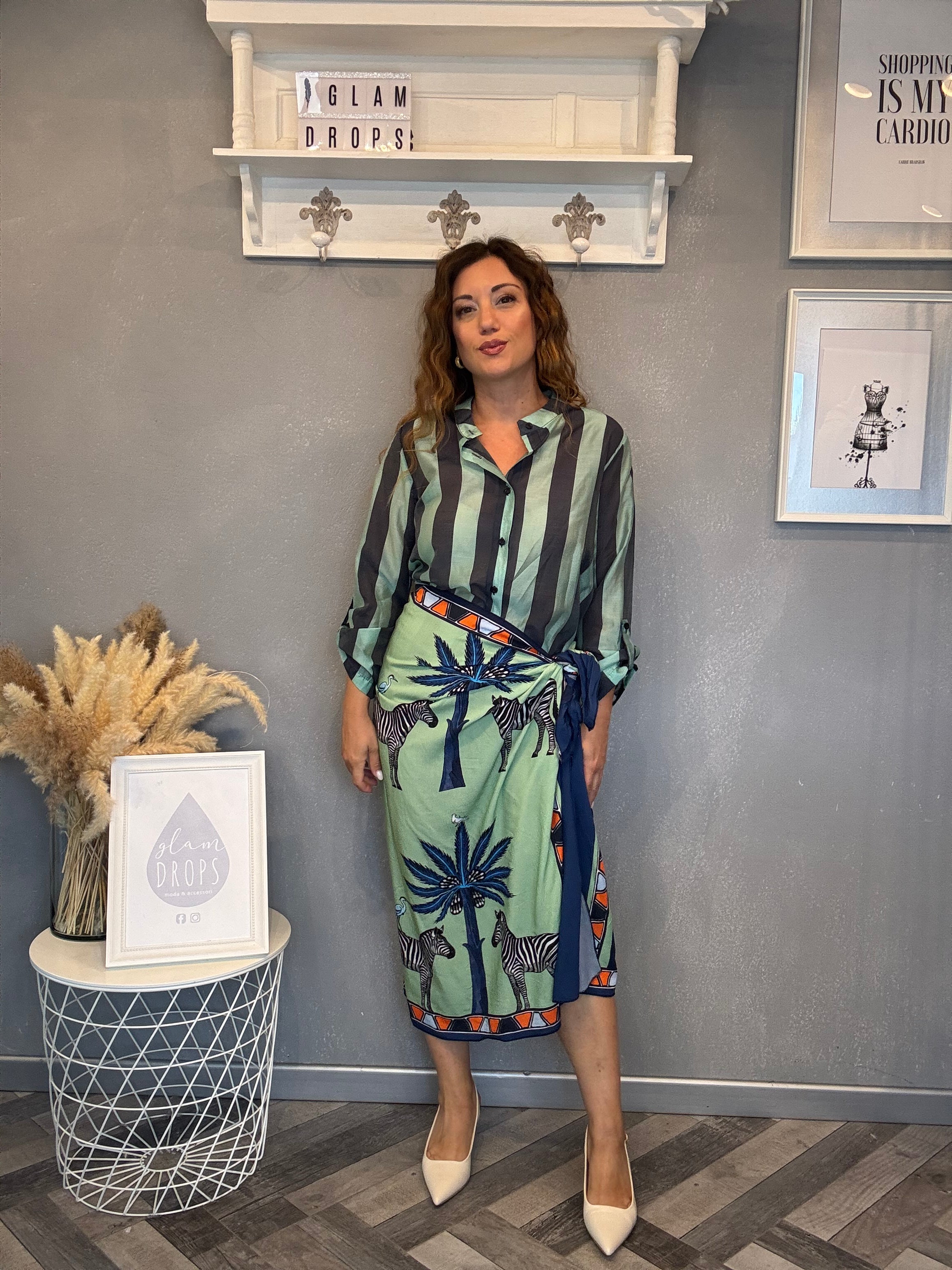 Camicia Isla Bonita bande roll-up blu e acqua