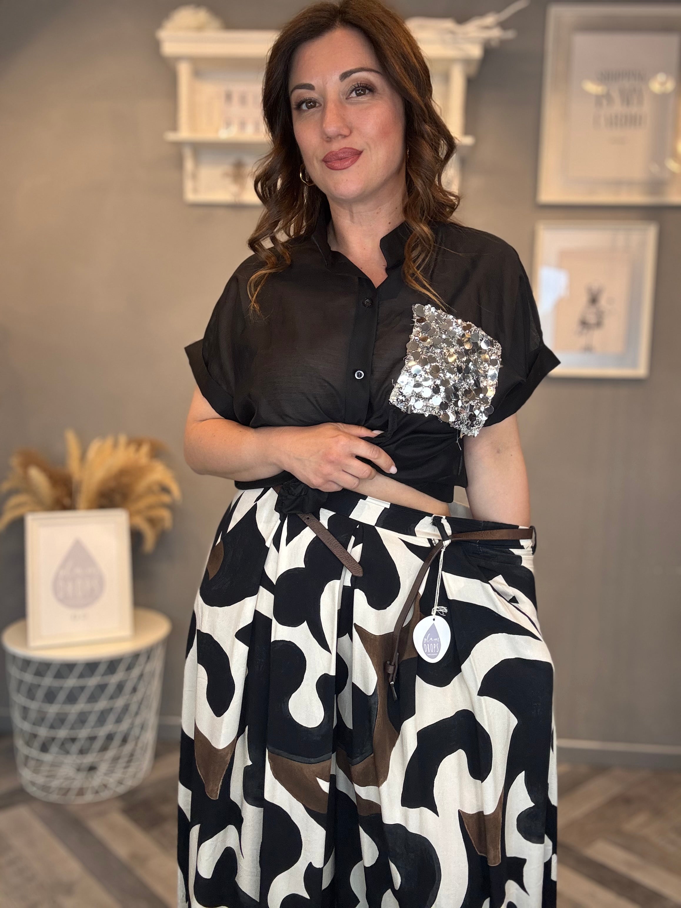 Gonna pantalone nera fantasia astratta