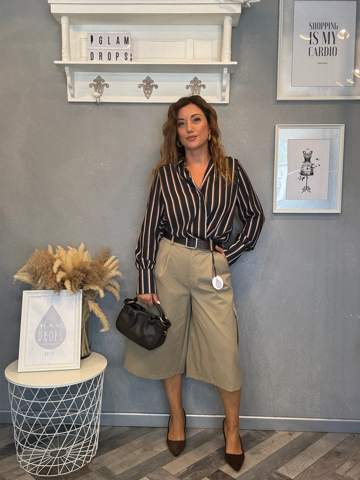 Blusa a incrocio blu righe burro e cuoio