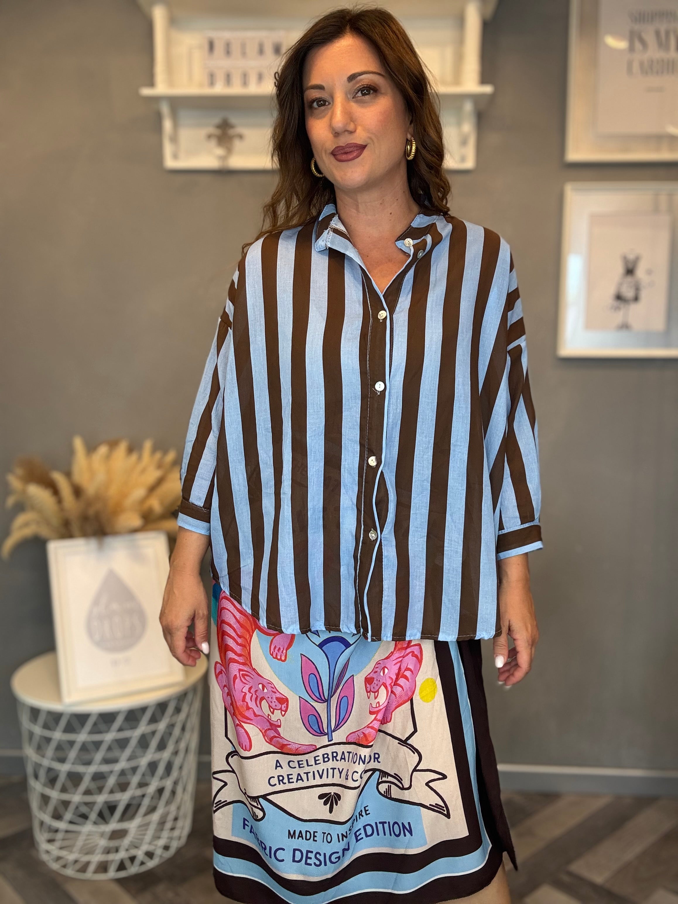 Camicia Isla Bonita righe cioccolato e celeste