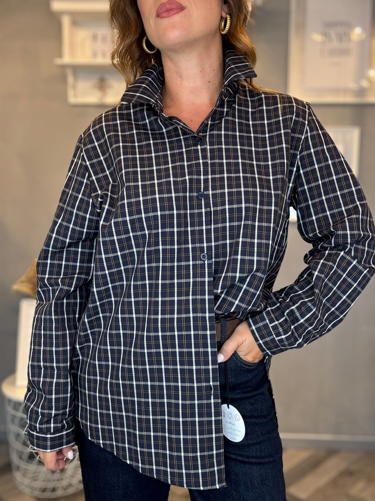 Camicia macro check blu e panna