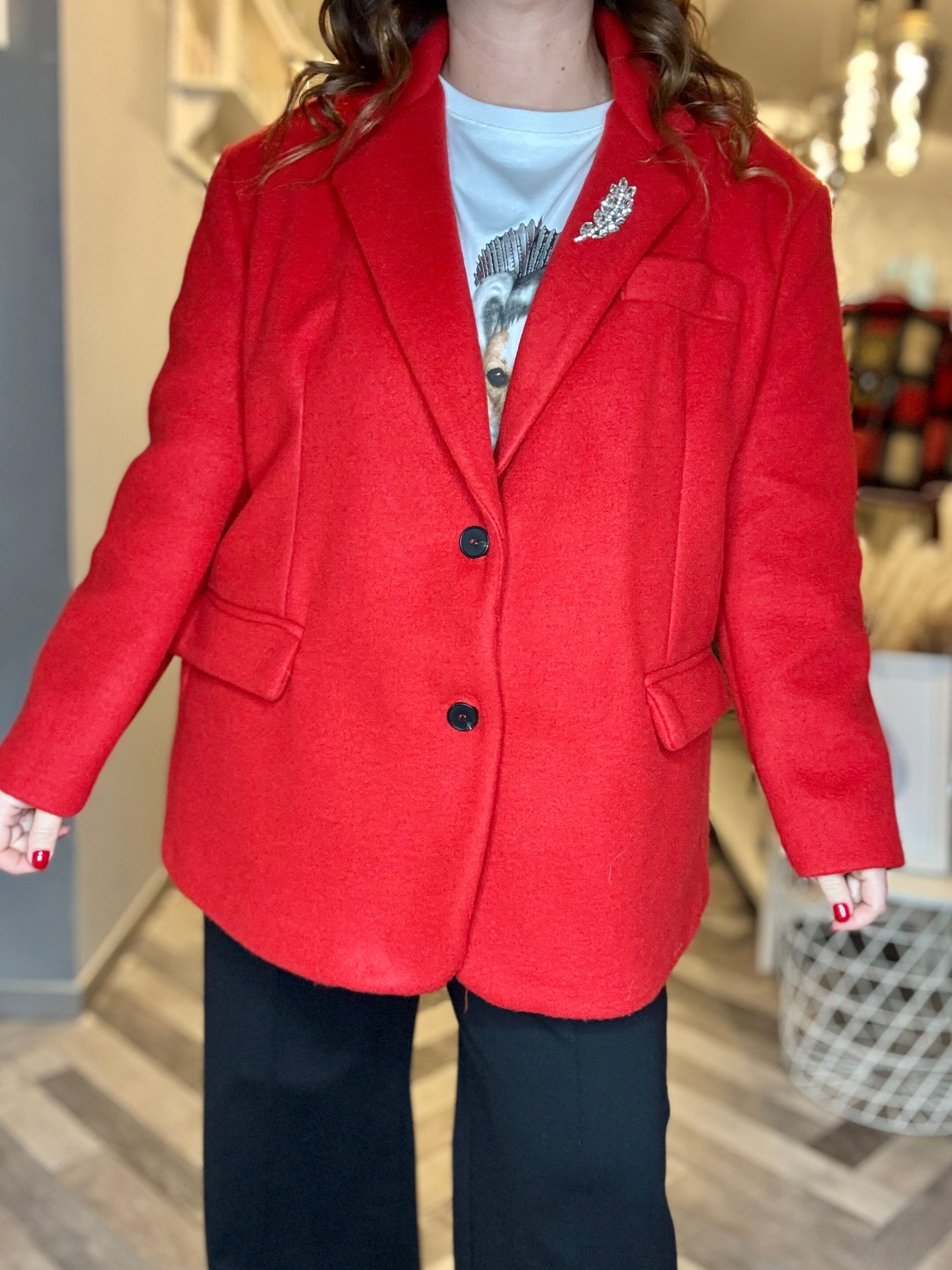 Blazer giacca cappotto over in panno con cabochon