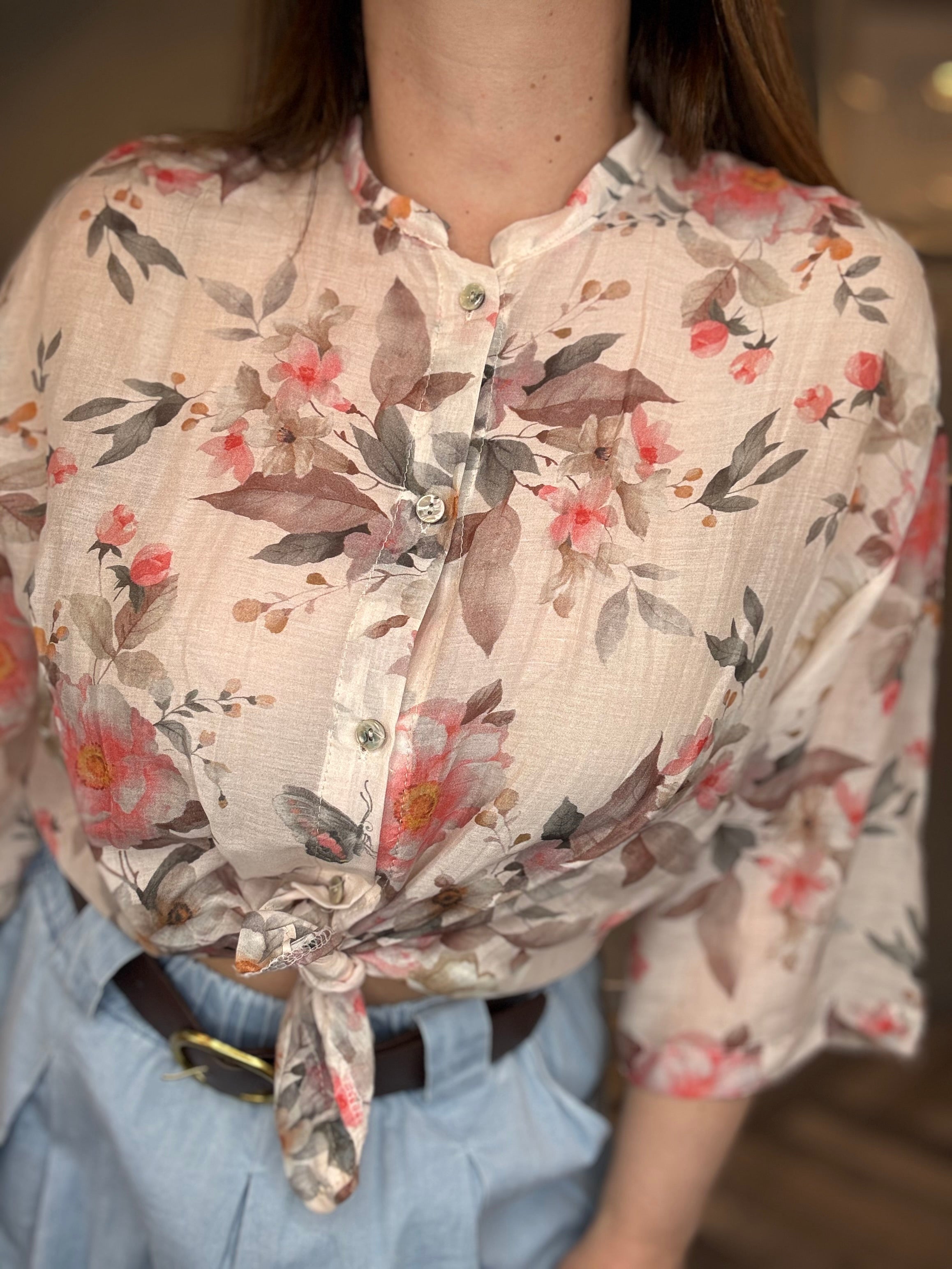 Camicia misto seta fiori corallo