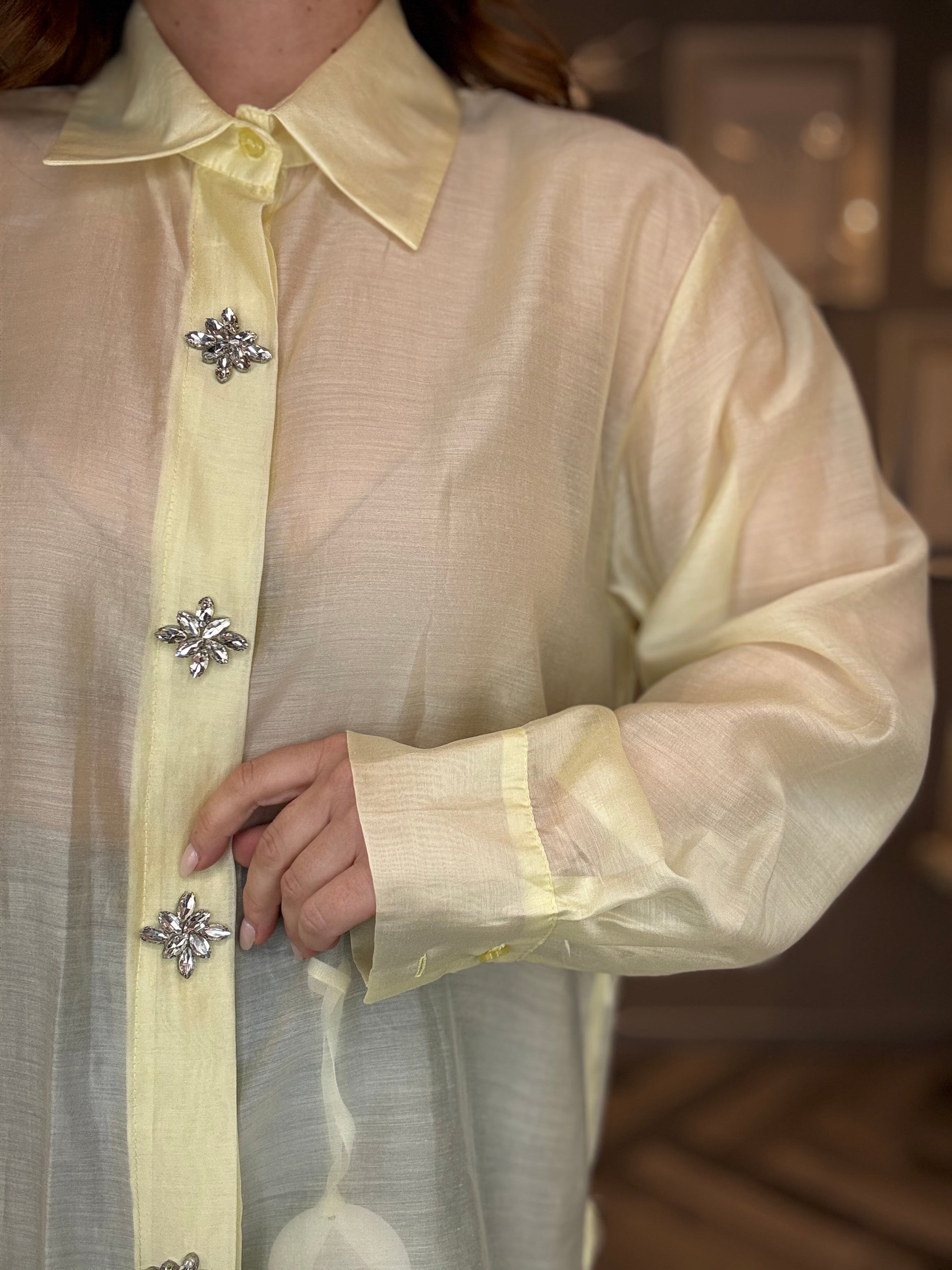 Camicia gioiello in tencel giallo pastello