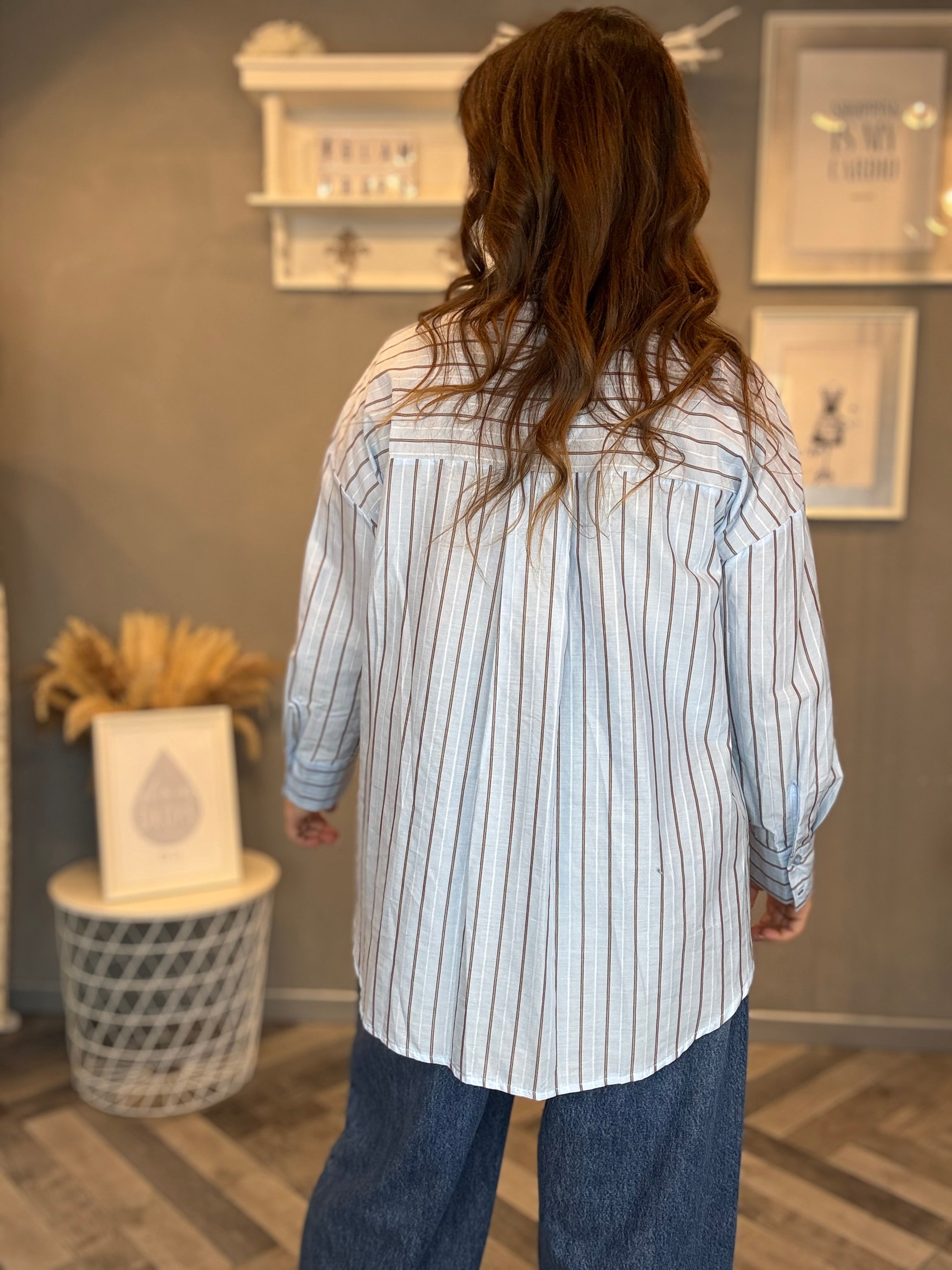 Camicia over celeste righe cioccolato