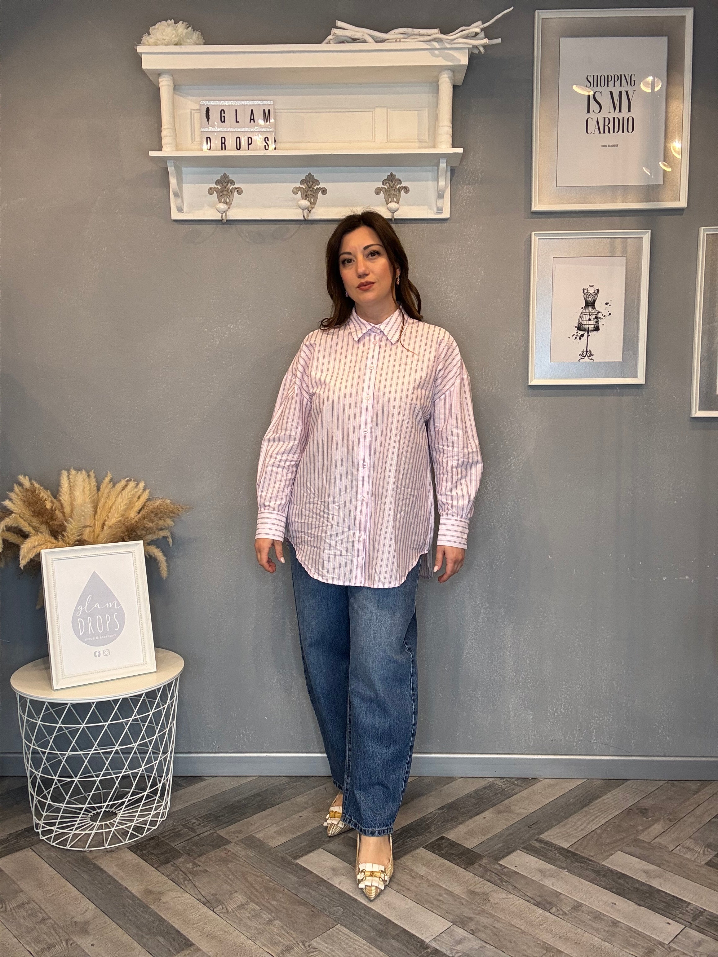 Camicia over rosa righe blu