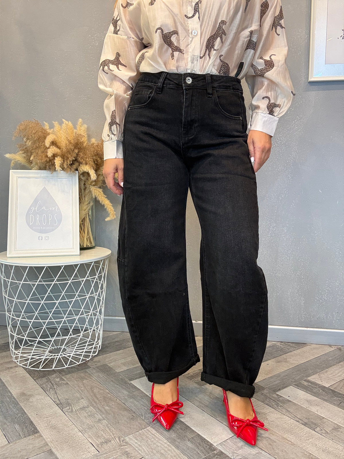 Jeans barrel nero delavé