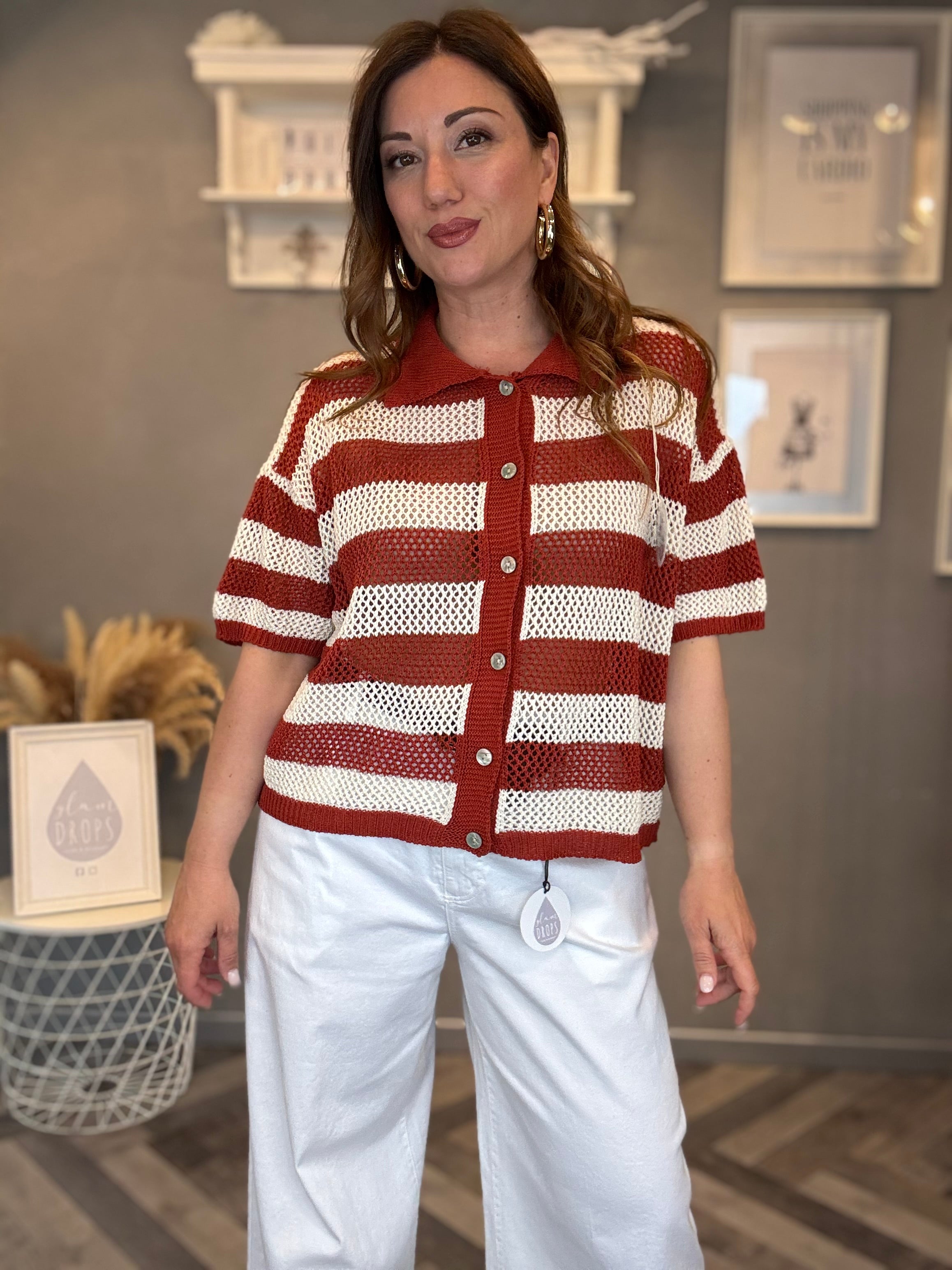 Polo traforata righe ruggine