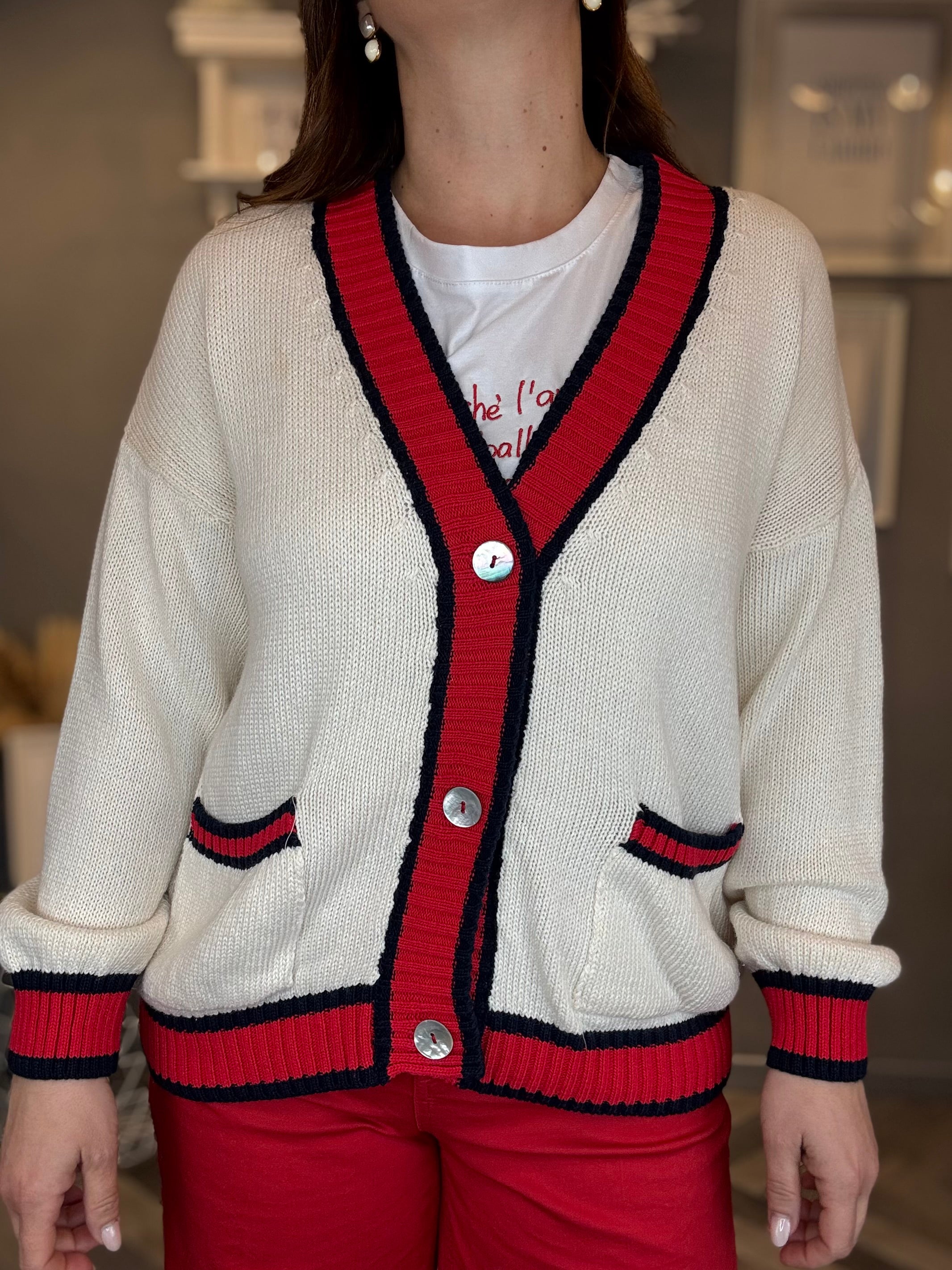 Cardigan panna profili rossi