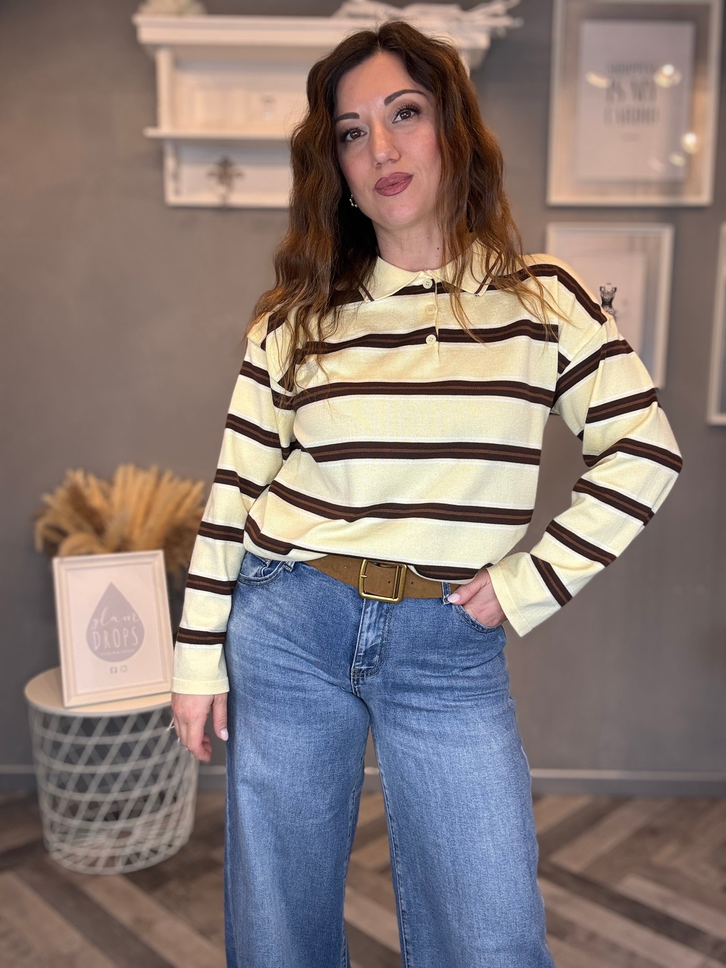 Maglia polo gialla a righe marroni