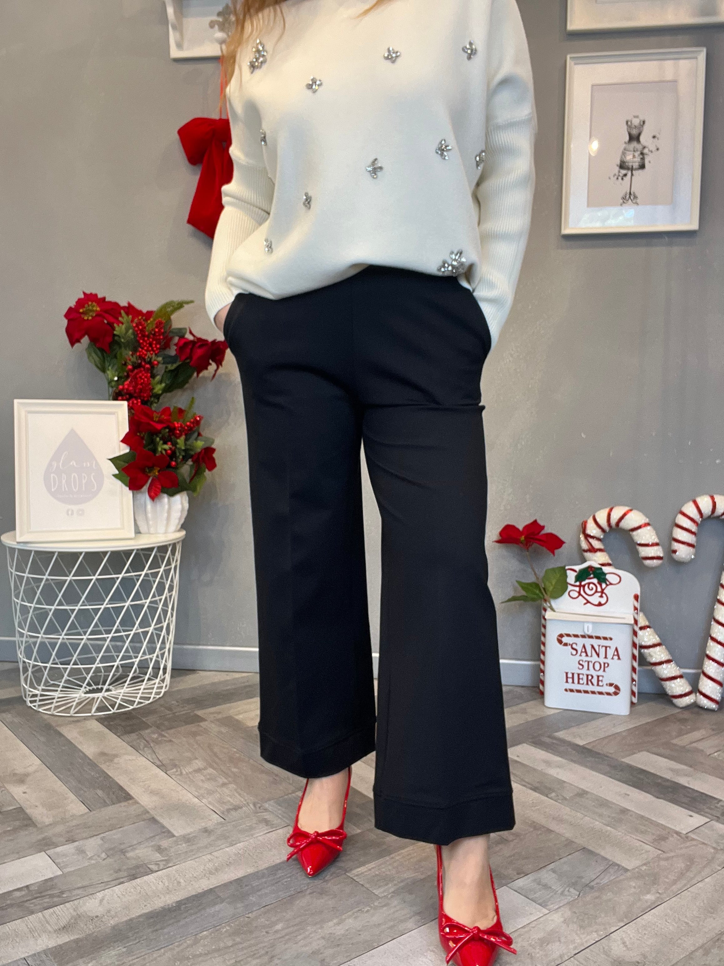 Pantalone wide leg punto Milano nero