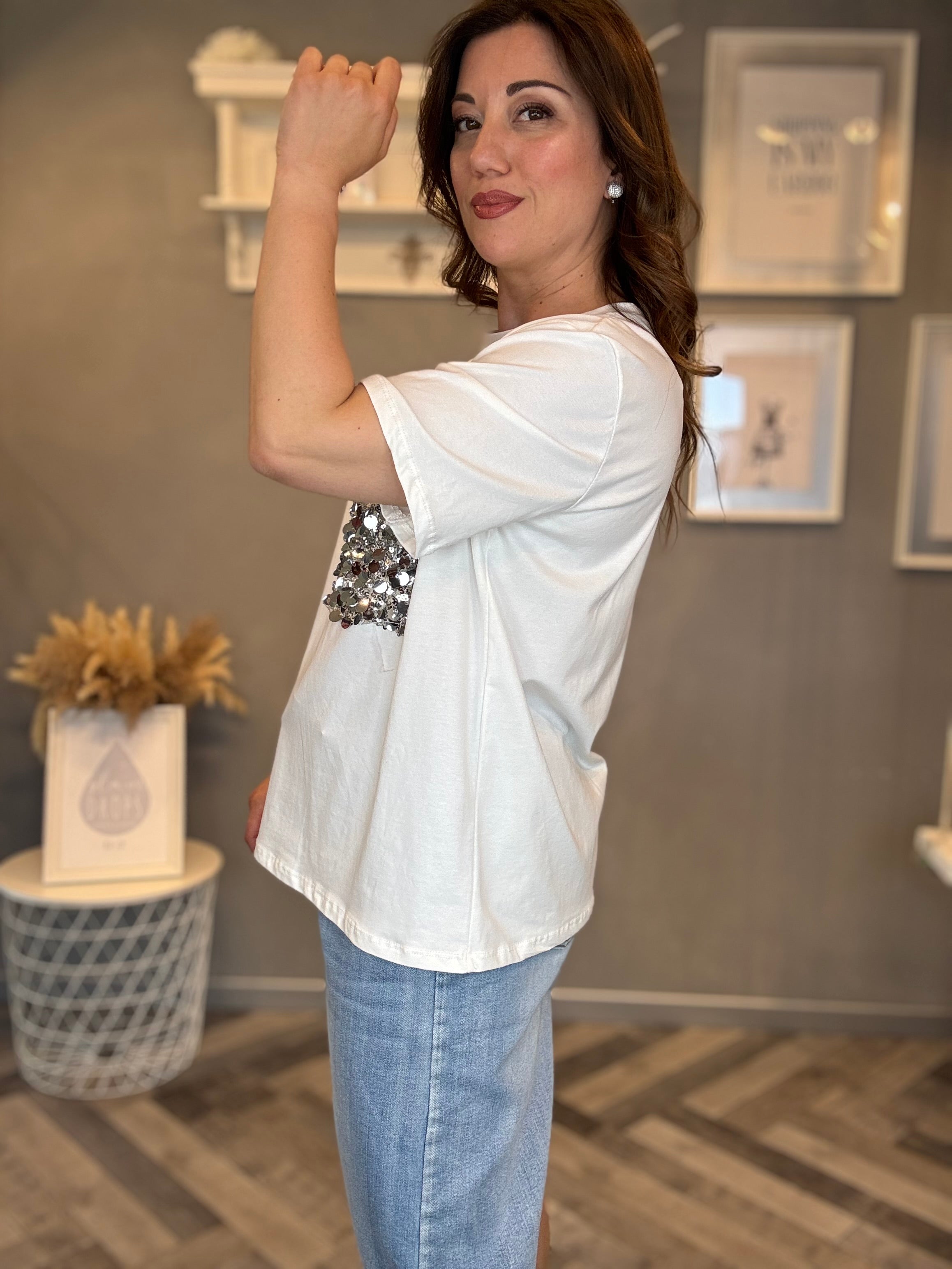 T-shirt tasca paillettes argento