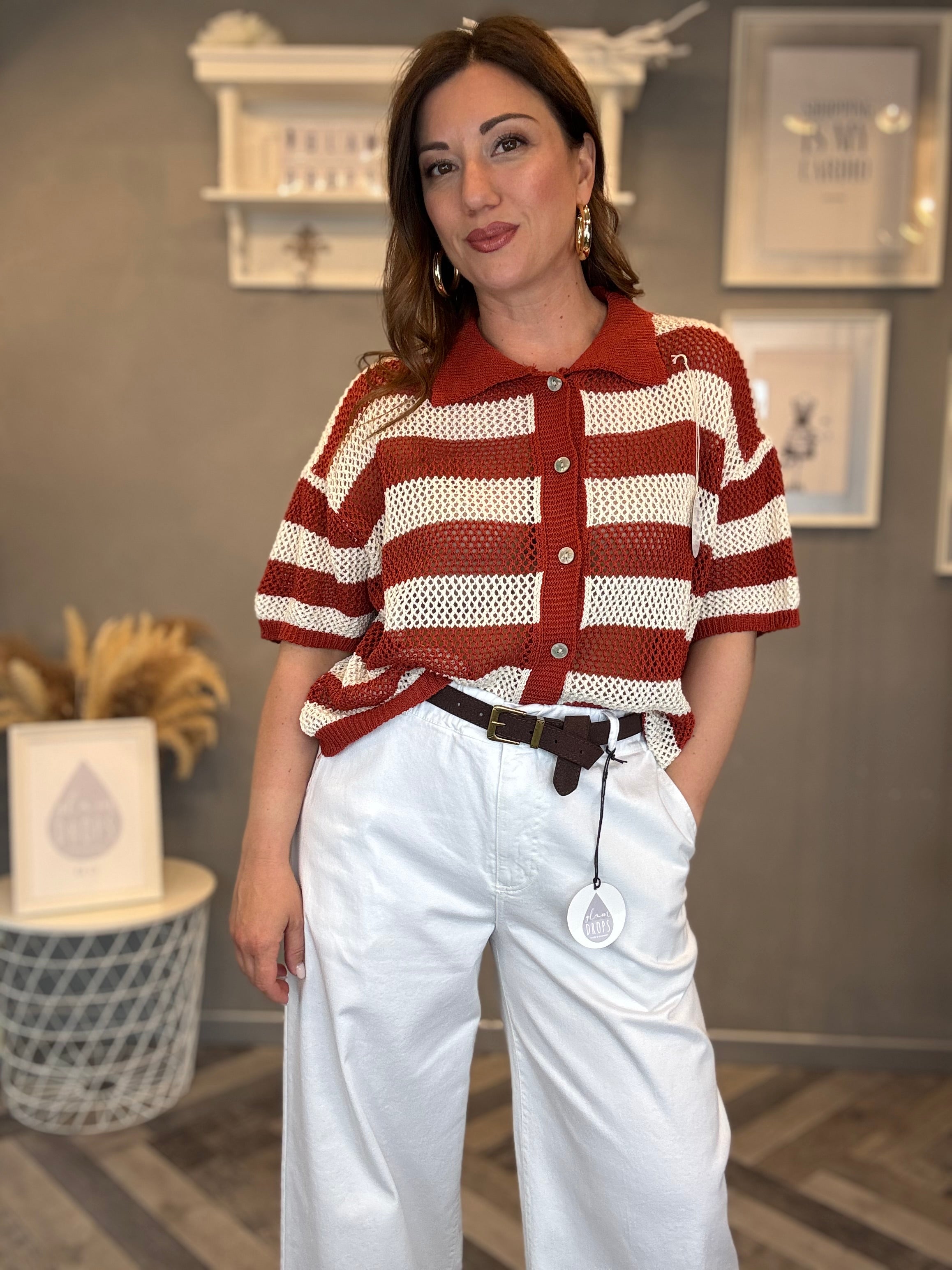 Polo traforata righe ruggine