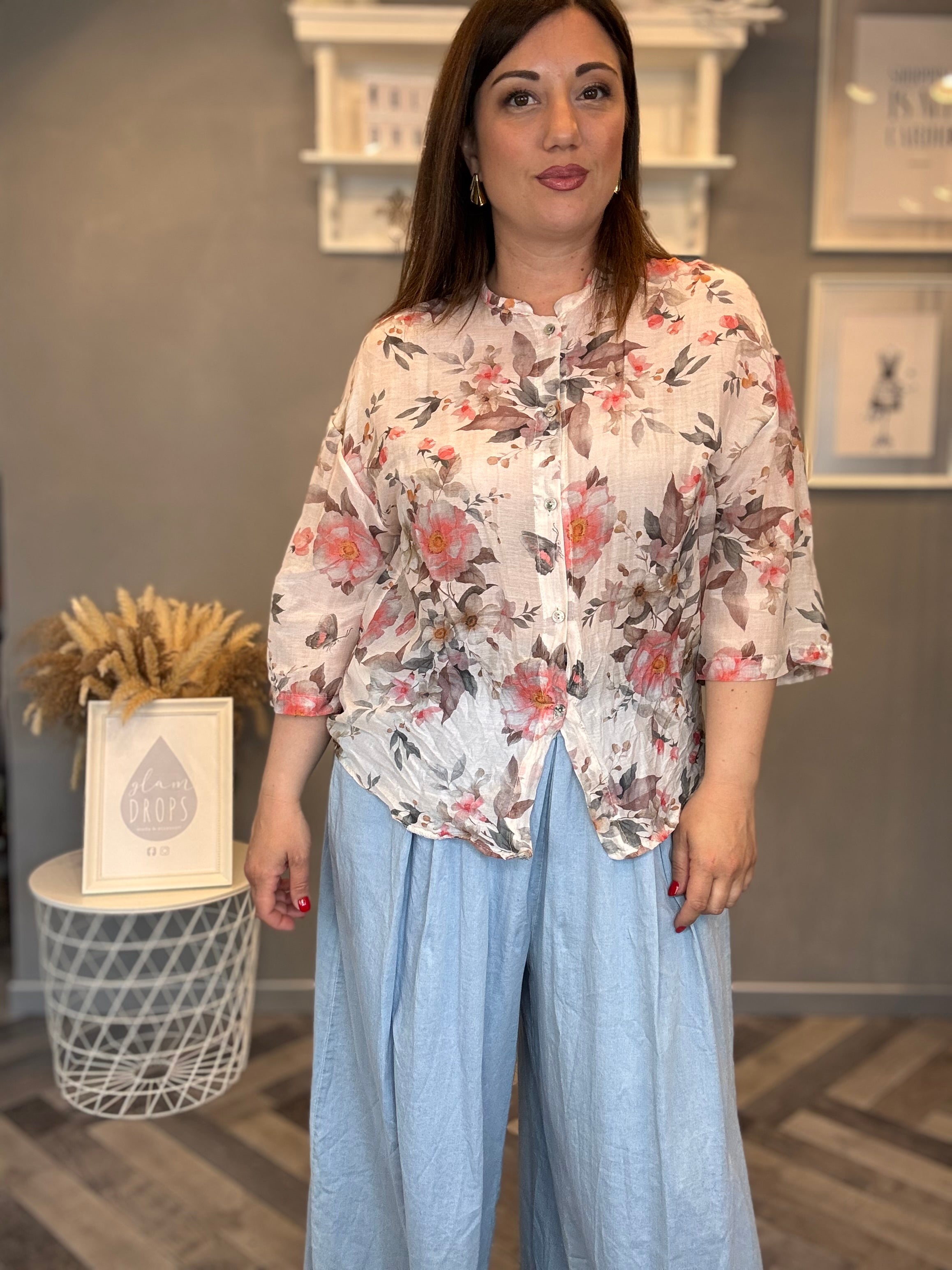 Camicia misto seta fiori corallo