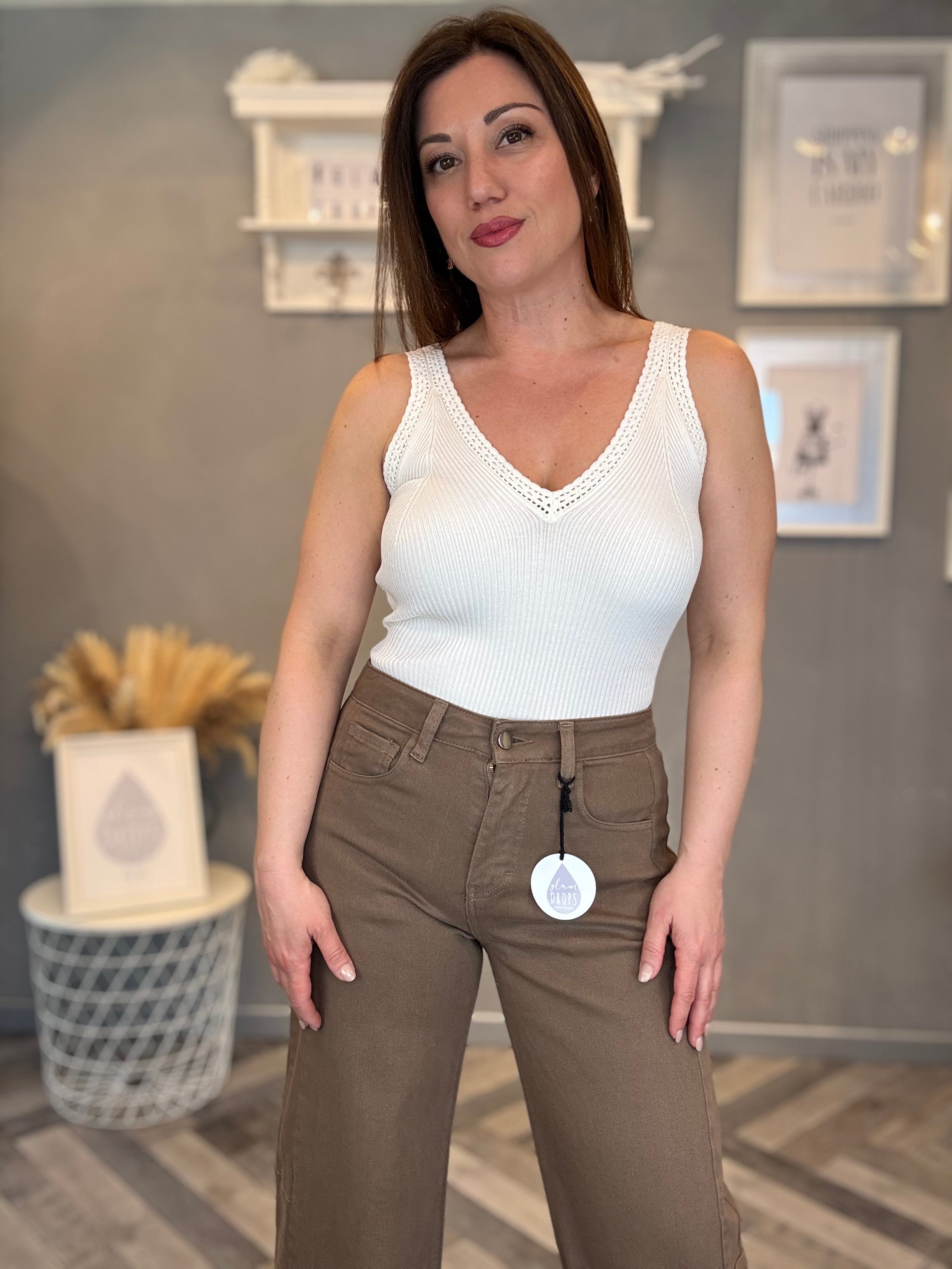 Body costina scollo pizzo burro