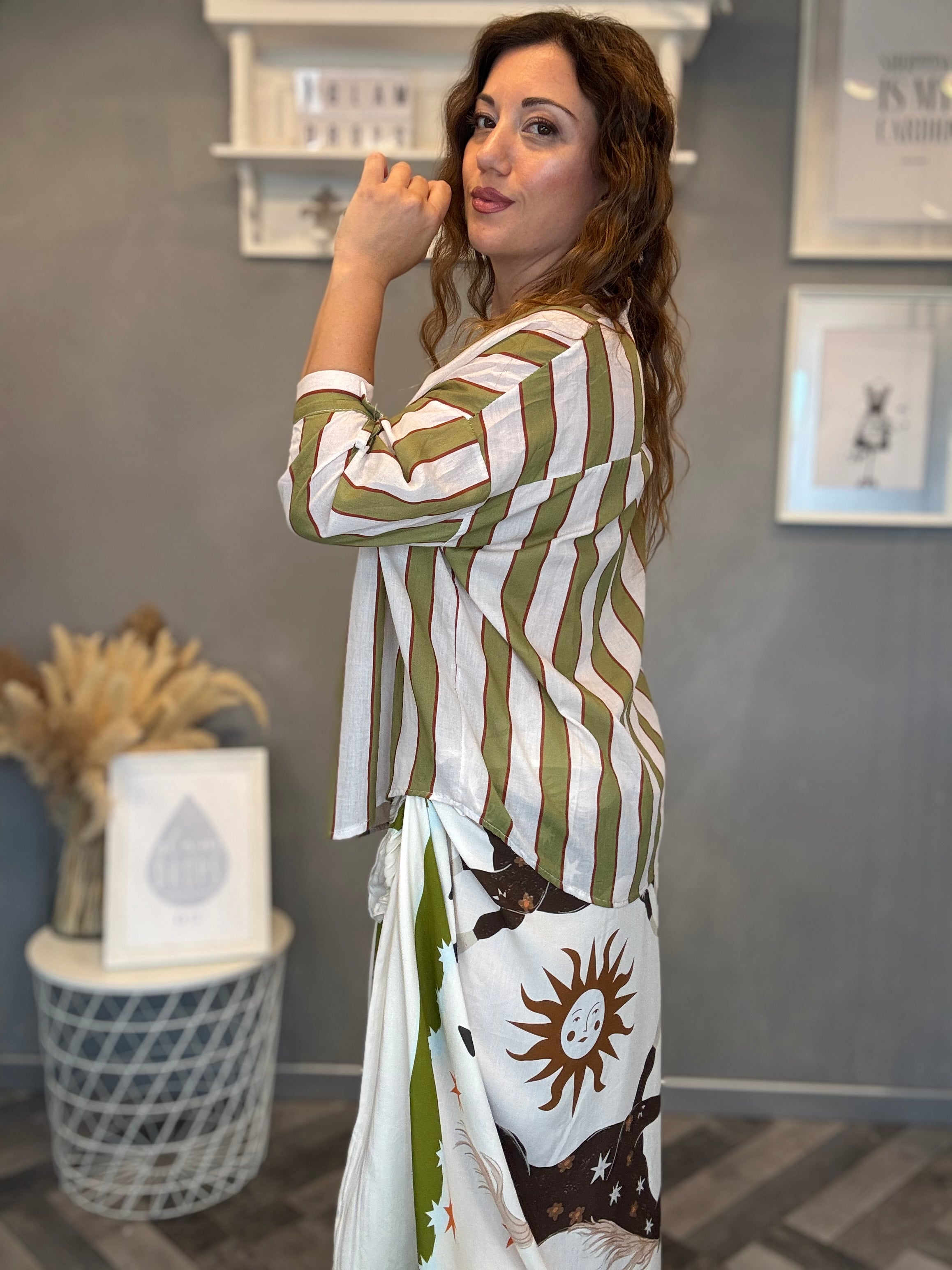 Camicia Isla Bonita righe panna e verde oliva