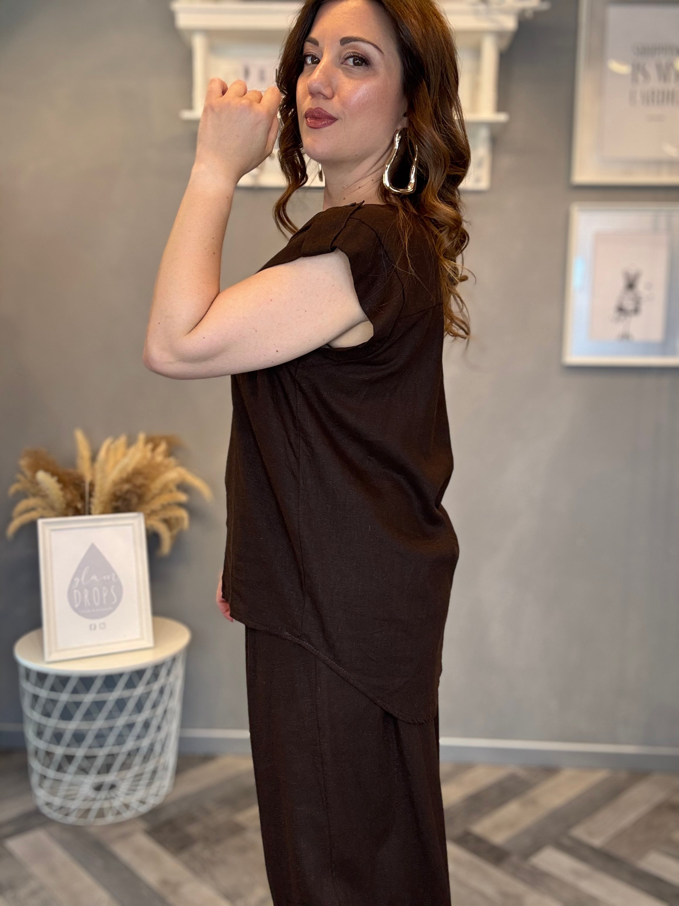Blusa in misto lino cioccolato