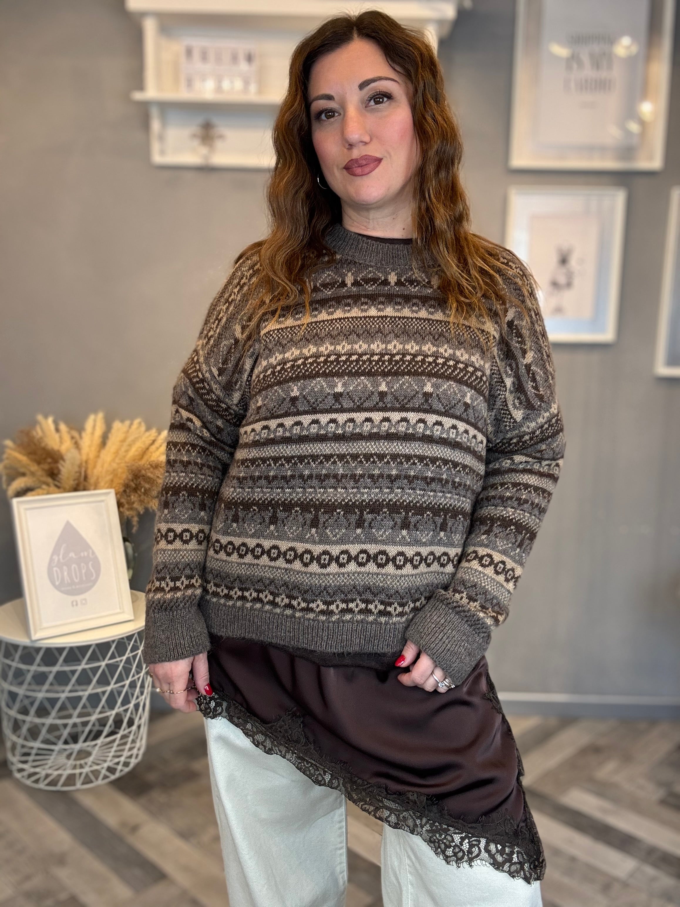 Maglione Jacquard fango