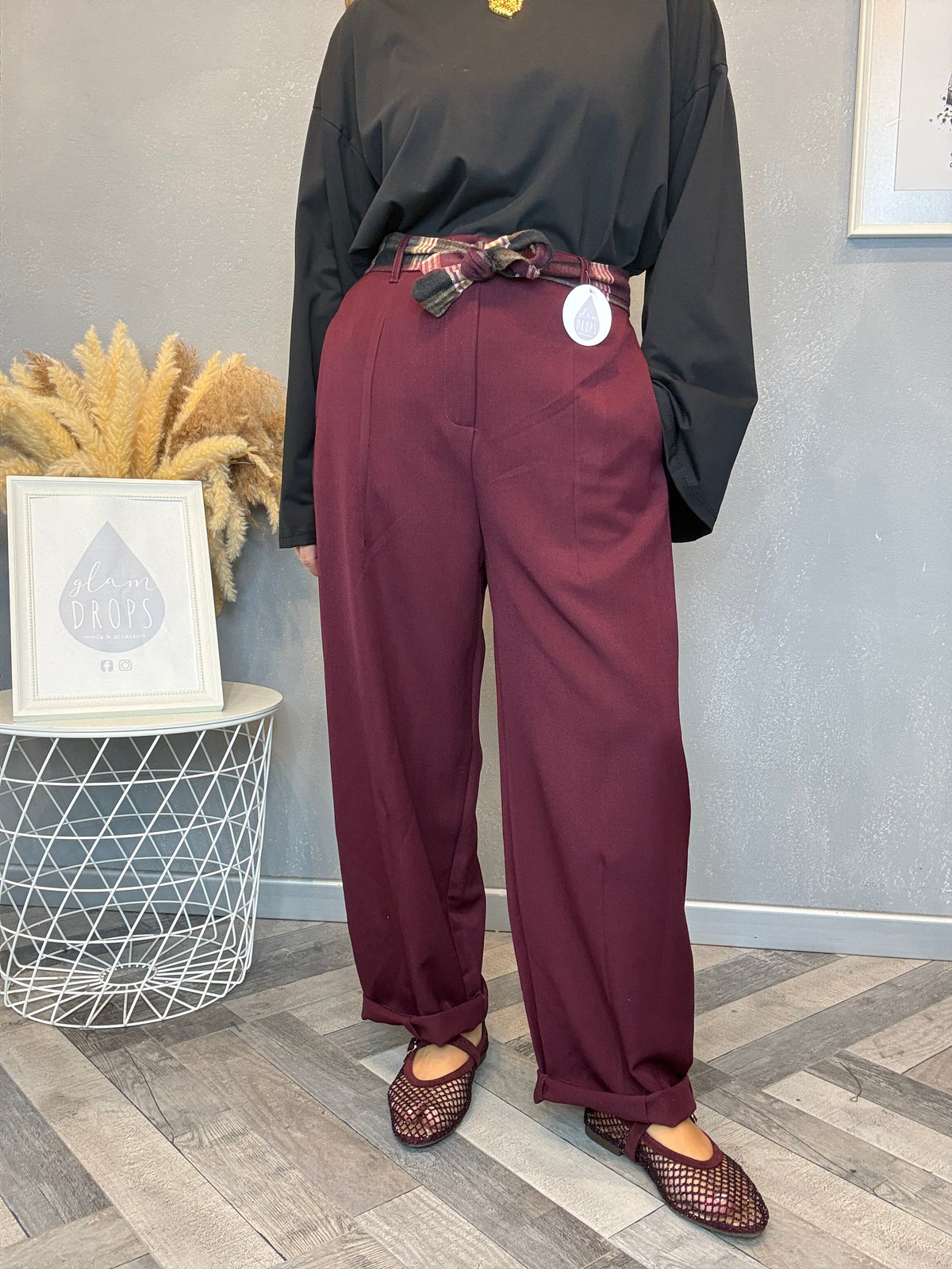 Pantalone check detail bordeaux