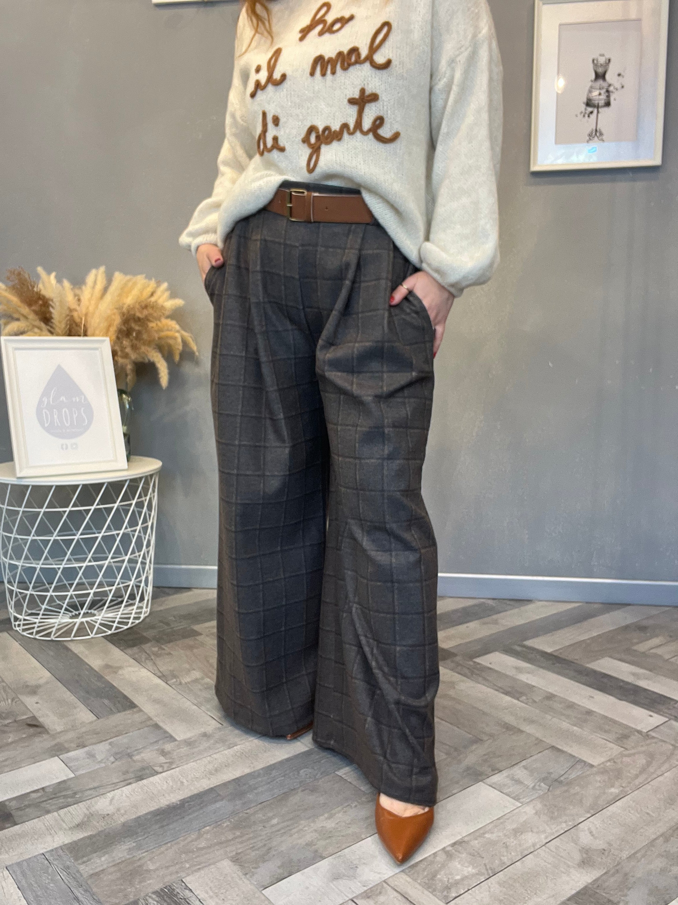 Pantalone palazzo flanella check grigio