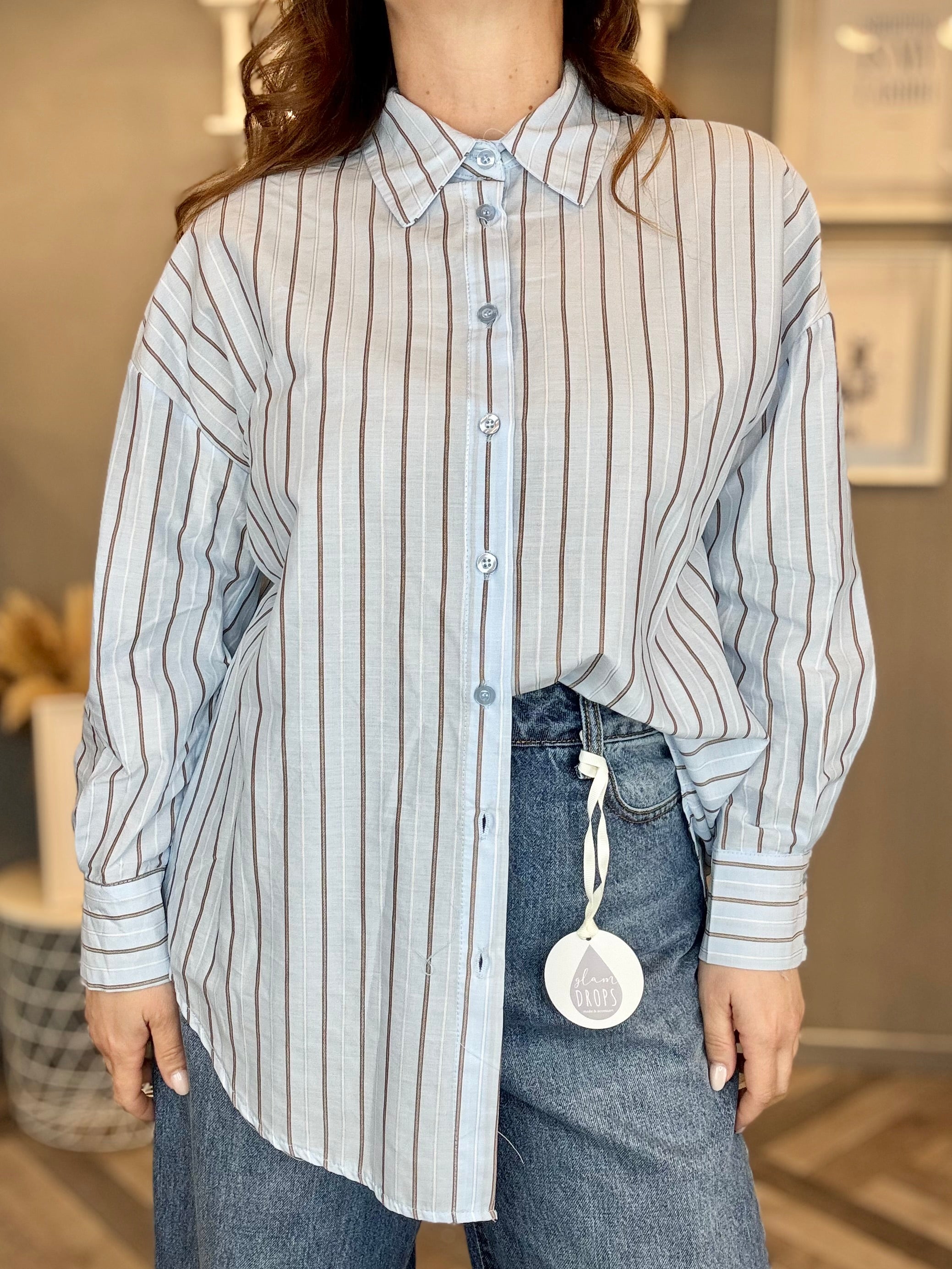 Camicia over celeste righe cioccolato