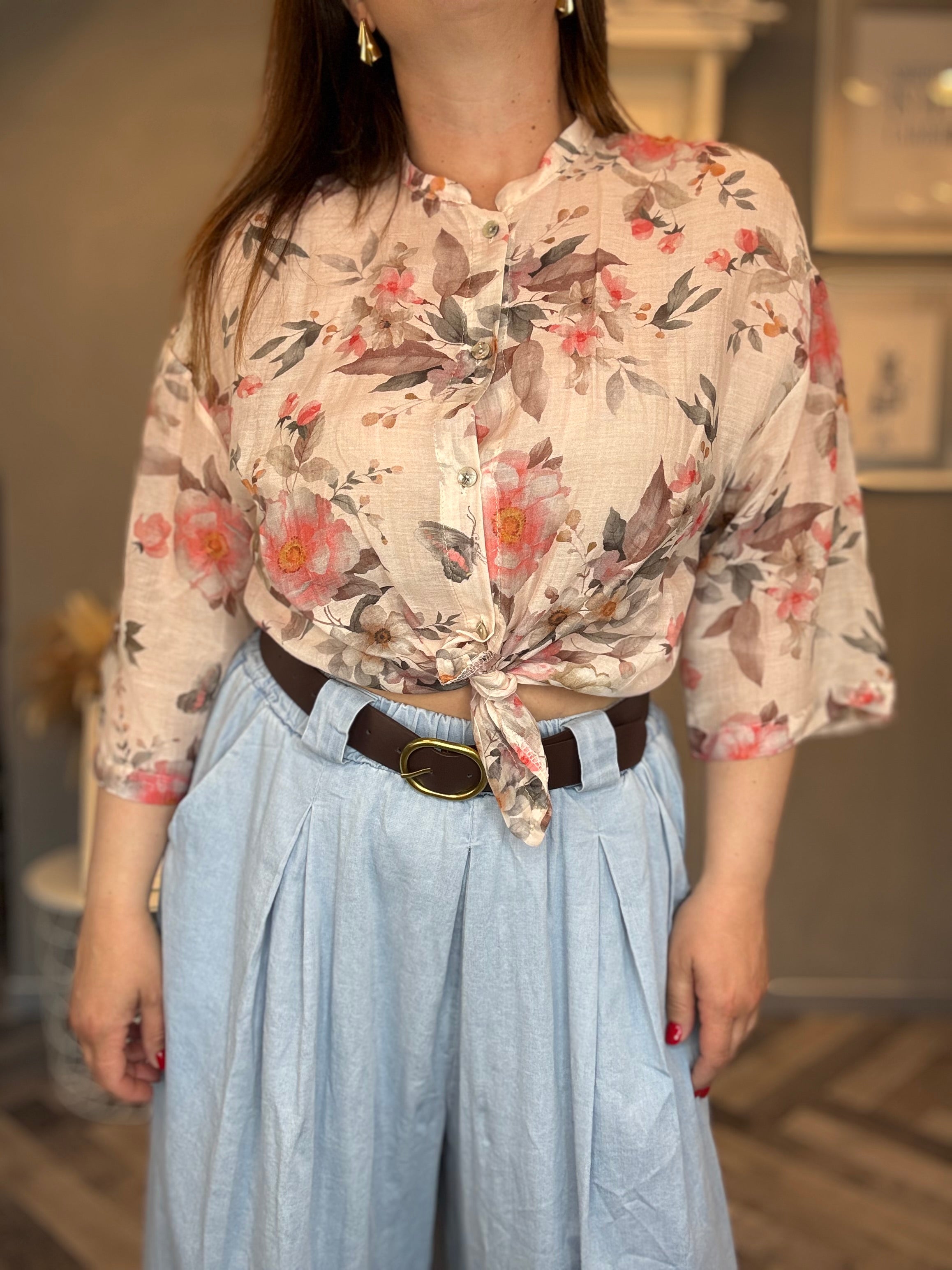 Camicia misto seta fiori corallo