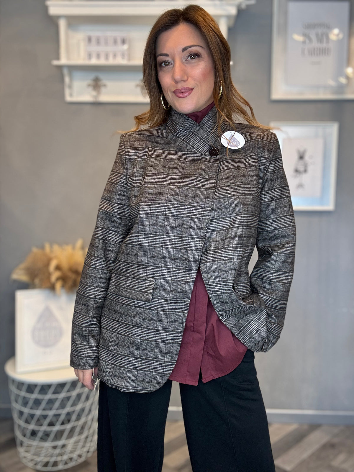 Blazer check grigio collo incrociato