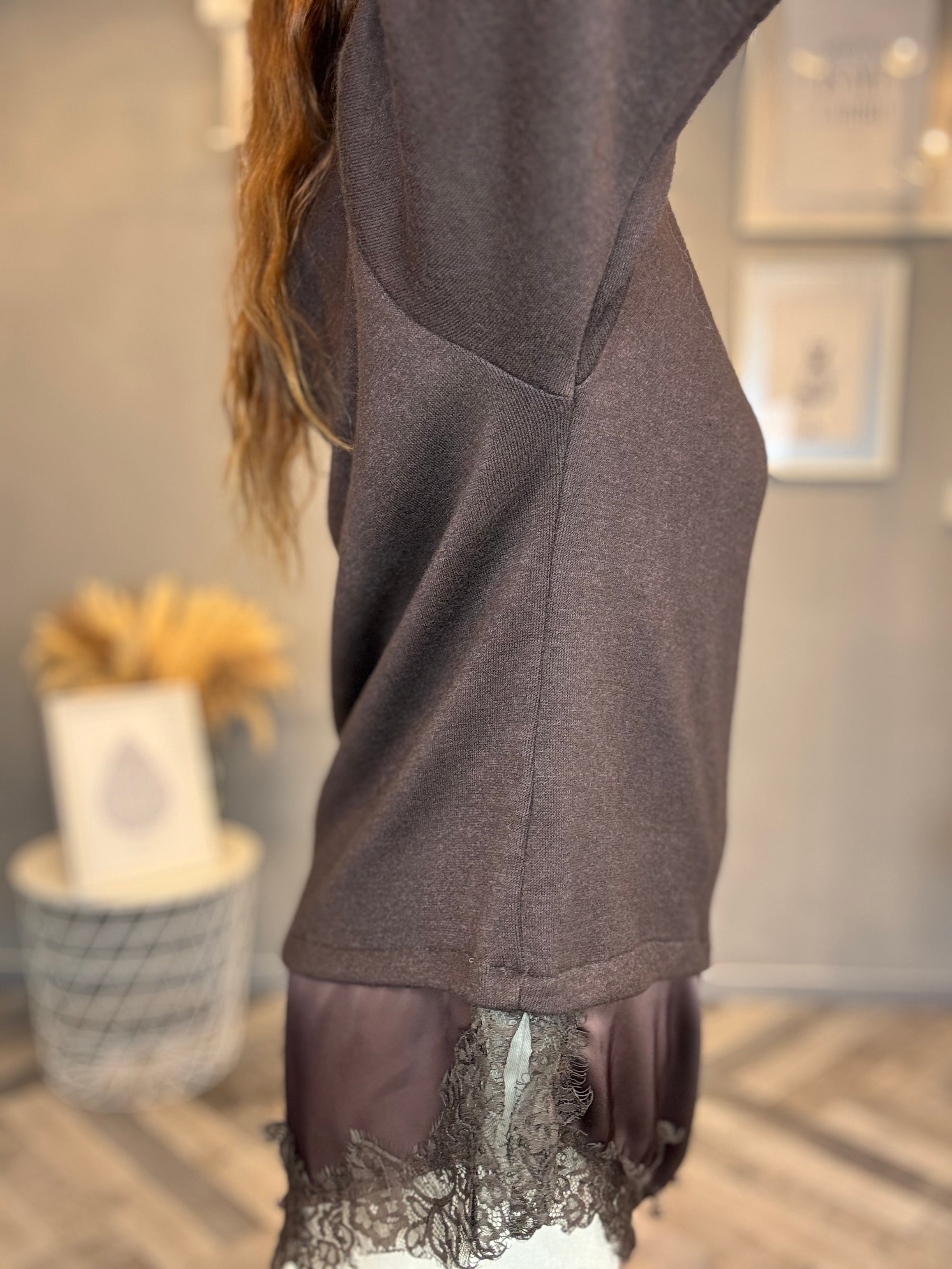 Maxi Maglia con satin e pizzo cioccolato