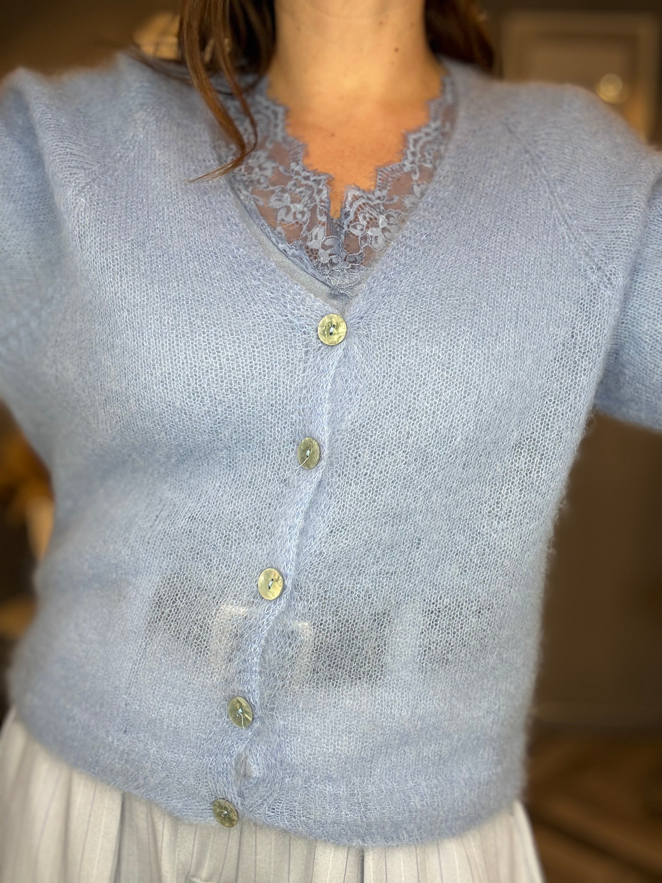Cardigan in kid mohair celeste polvere