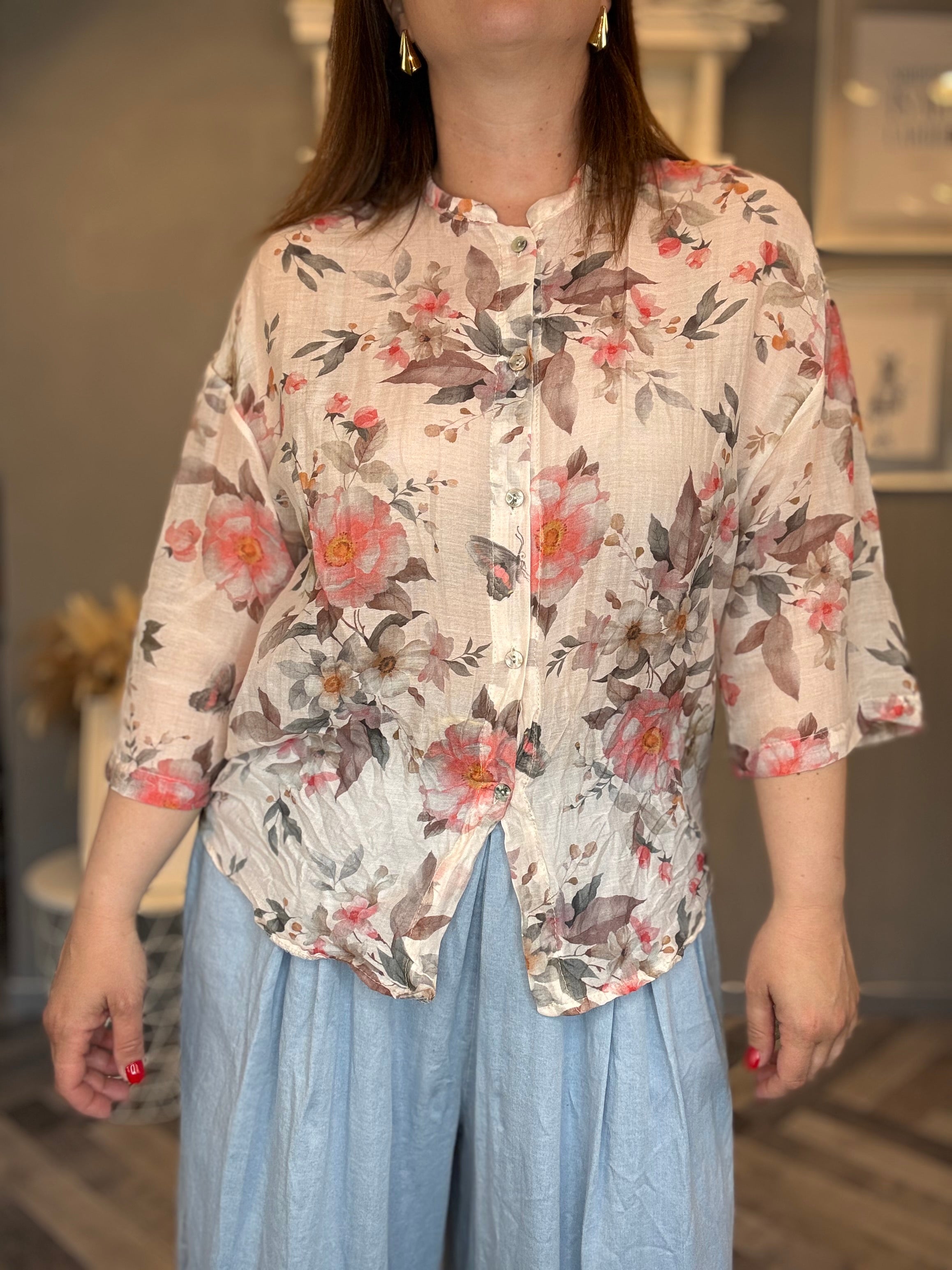 Camicia misto seta fiori corallo