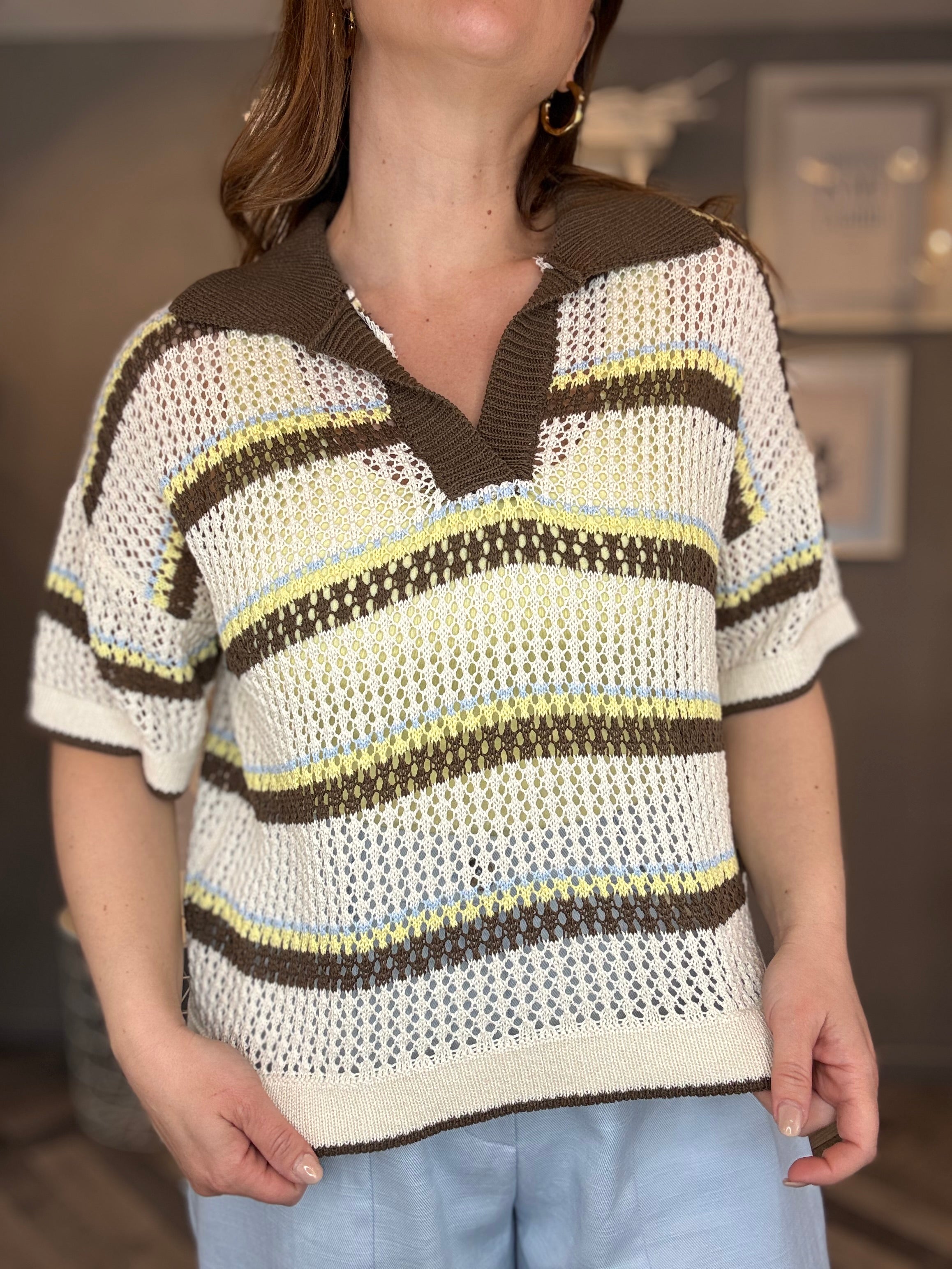 Maglia polo moro traforata a righe