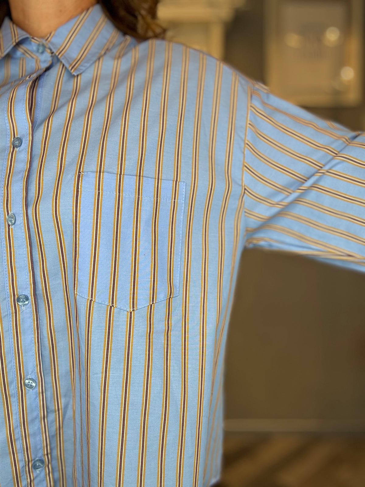 Camicia over celeste righe senape e bordeaux