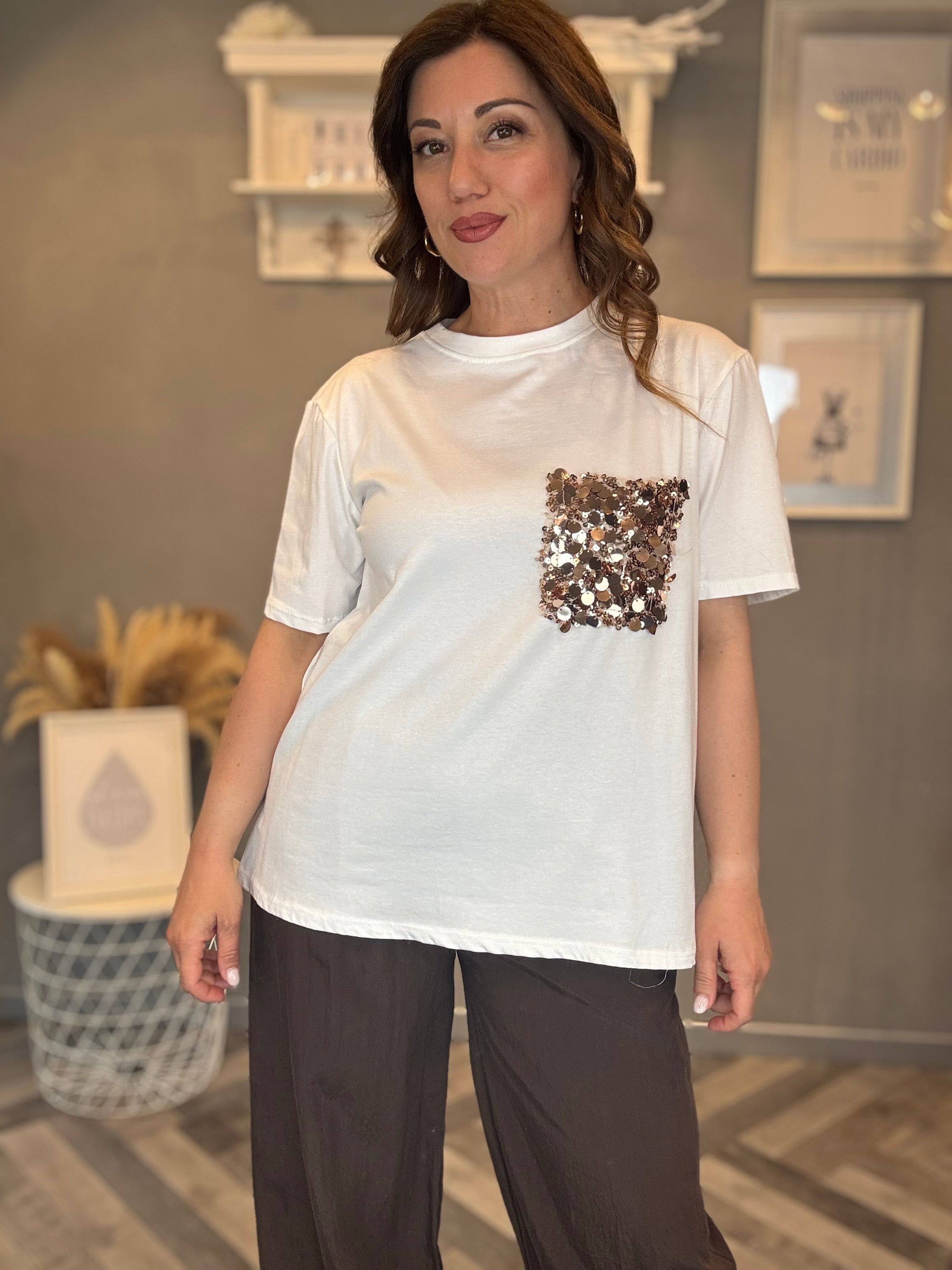 T-shirt tasca paillettes oro rosa