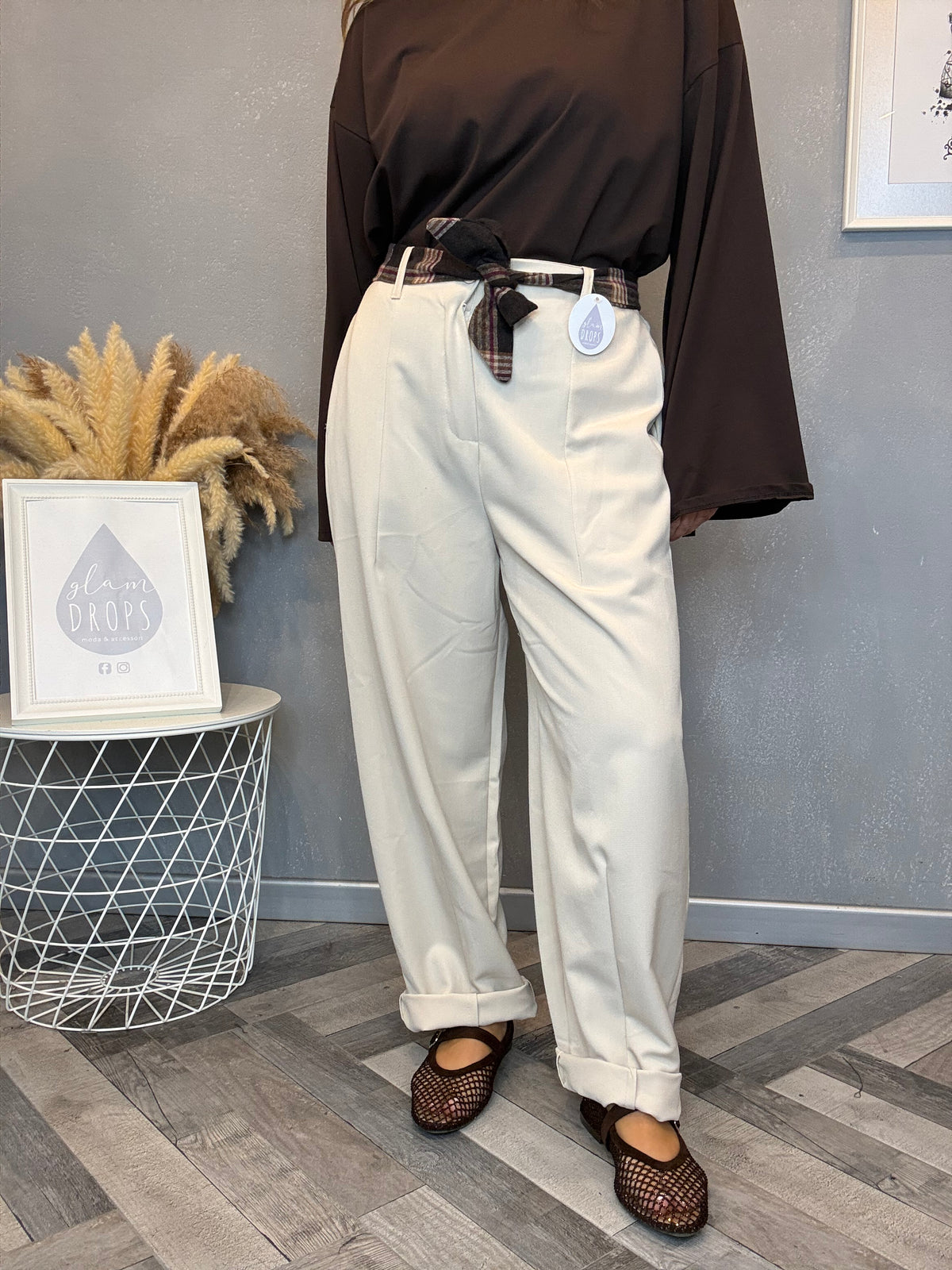 Pantalone check detail burro