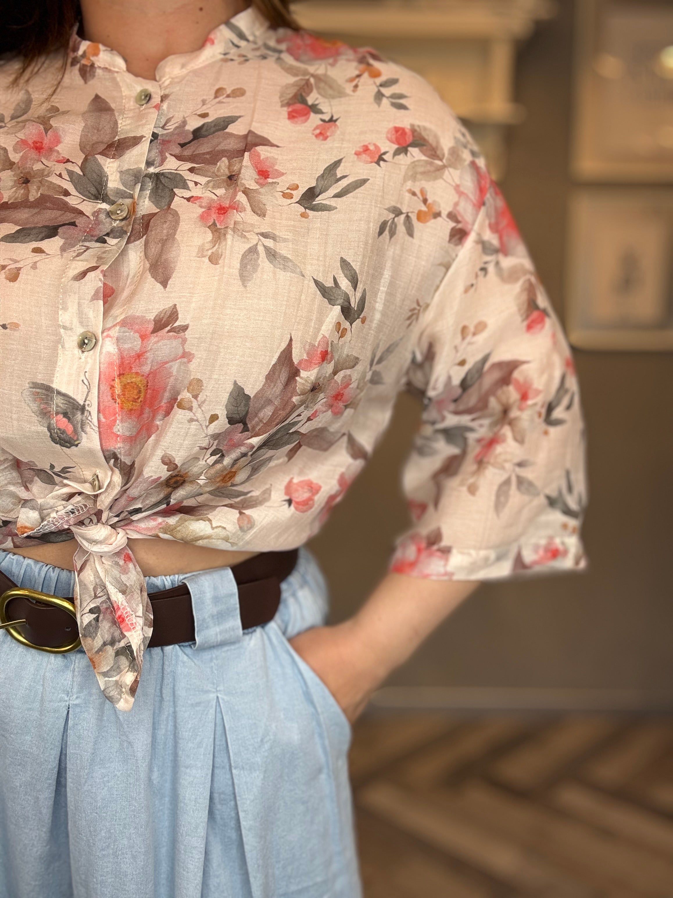 Camicia misto seta fiori corallo