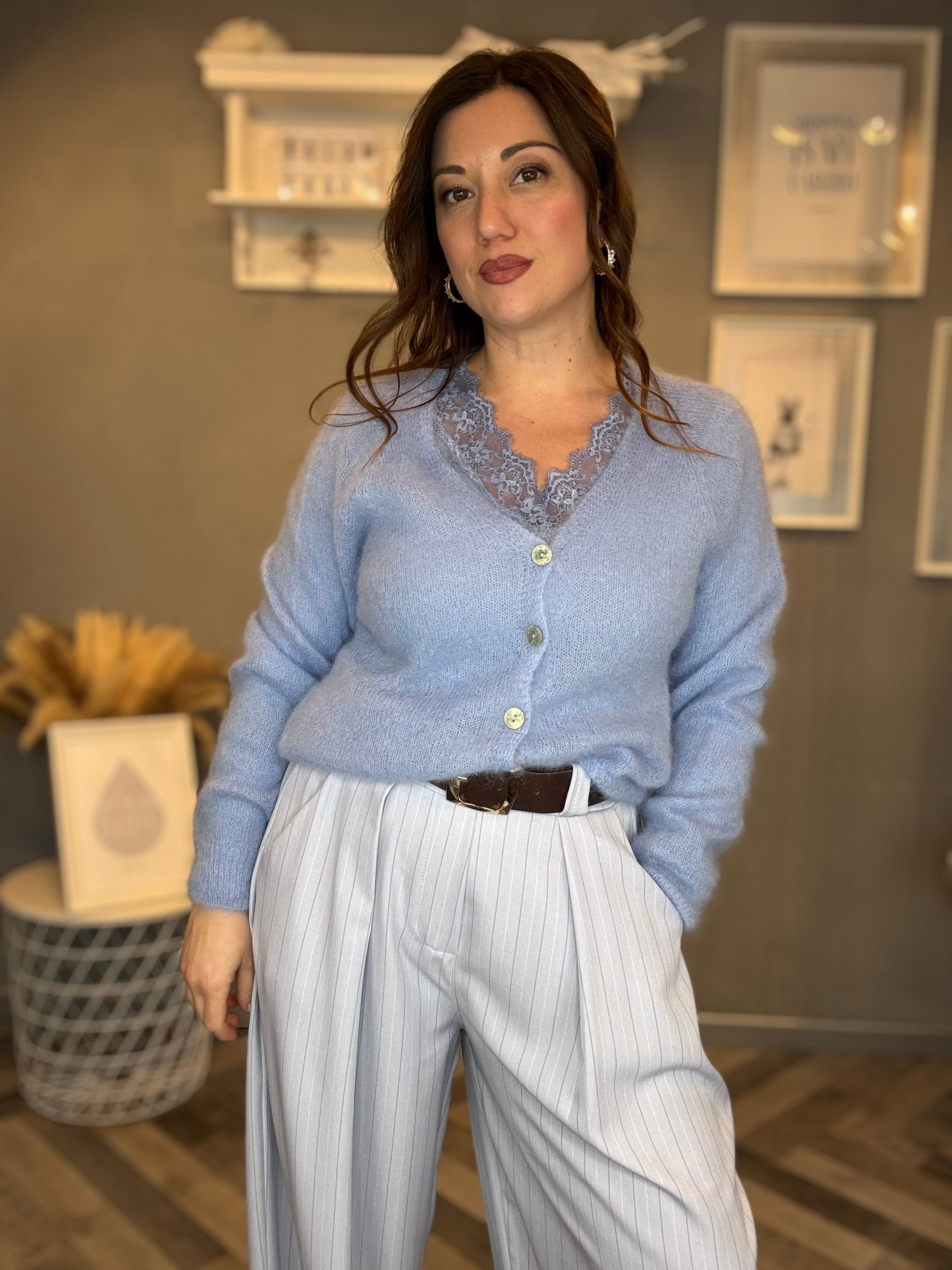 Cardigan in kid mohair celeste polvere