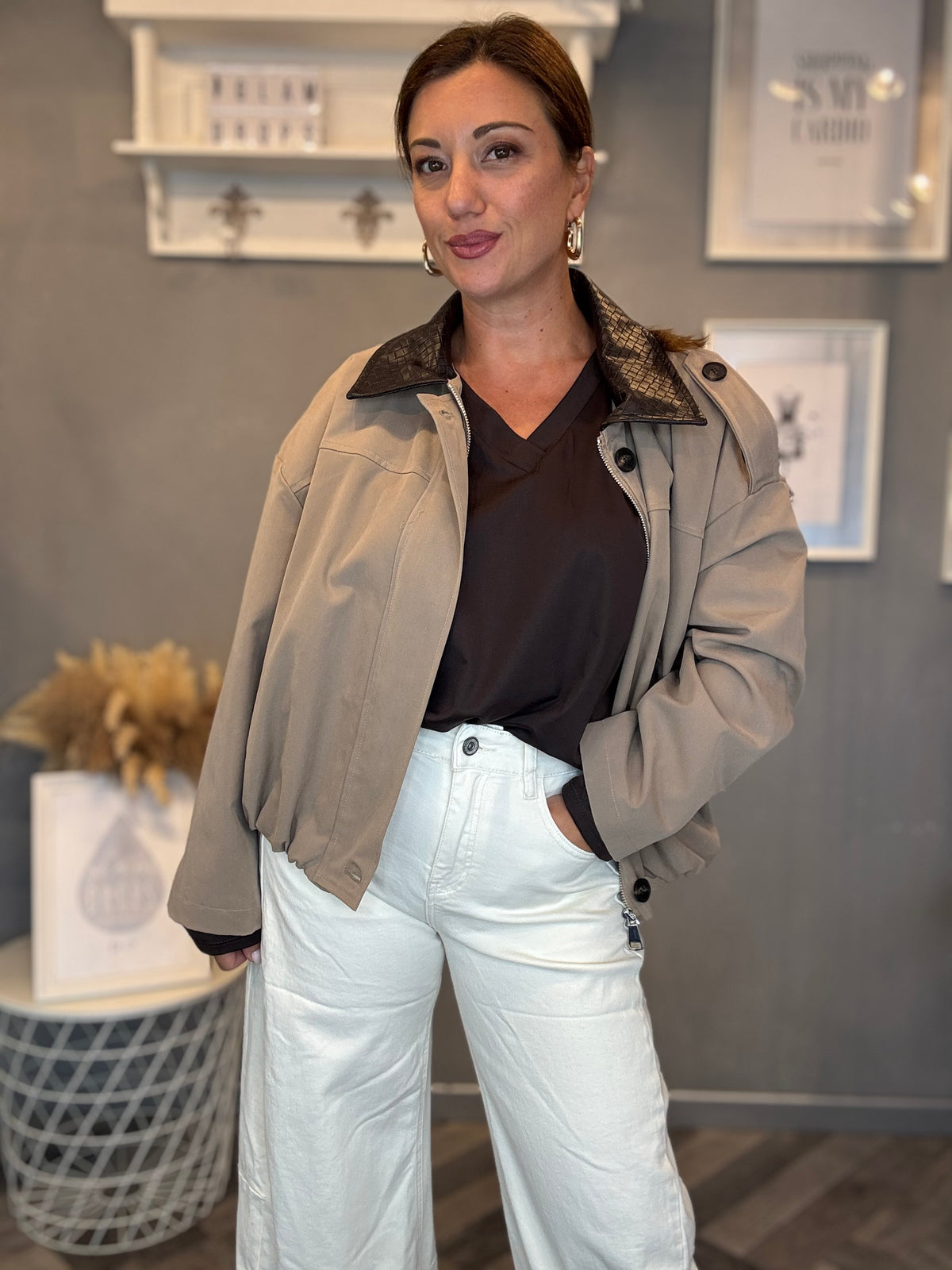 Bomber collo intrecciato beige