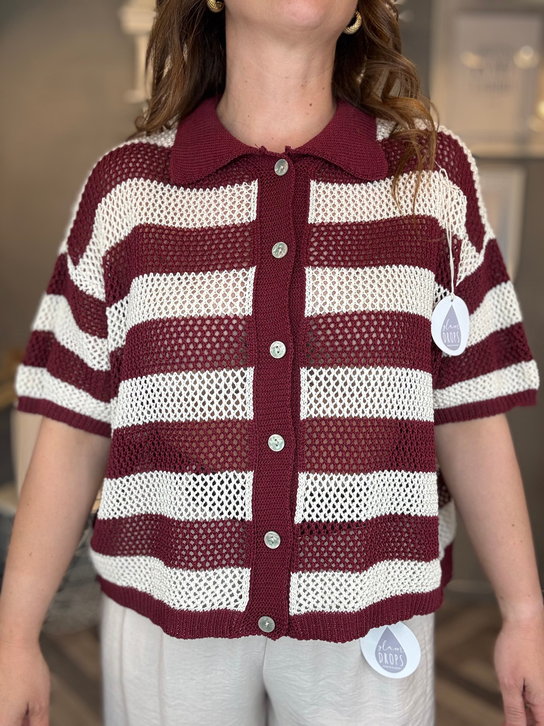 Polo traforata righe bordeaux