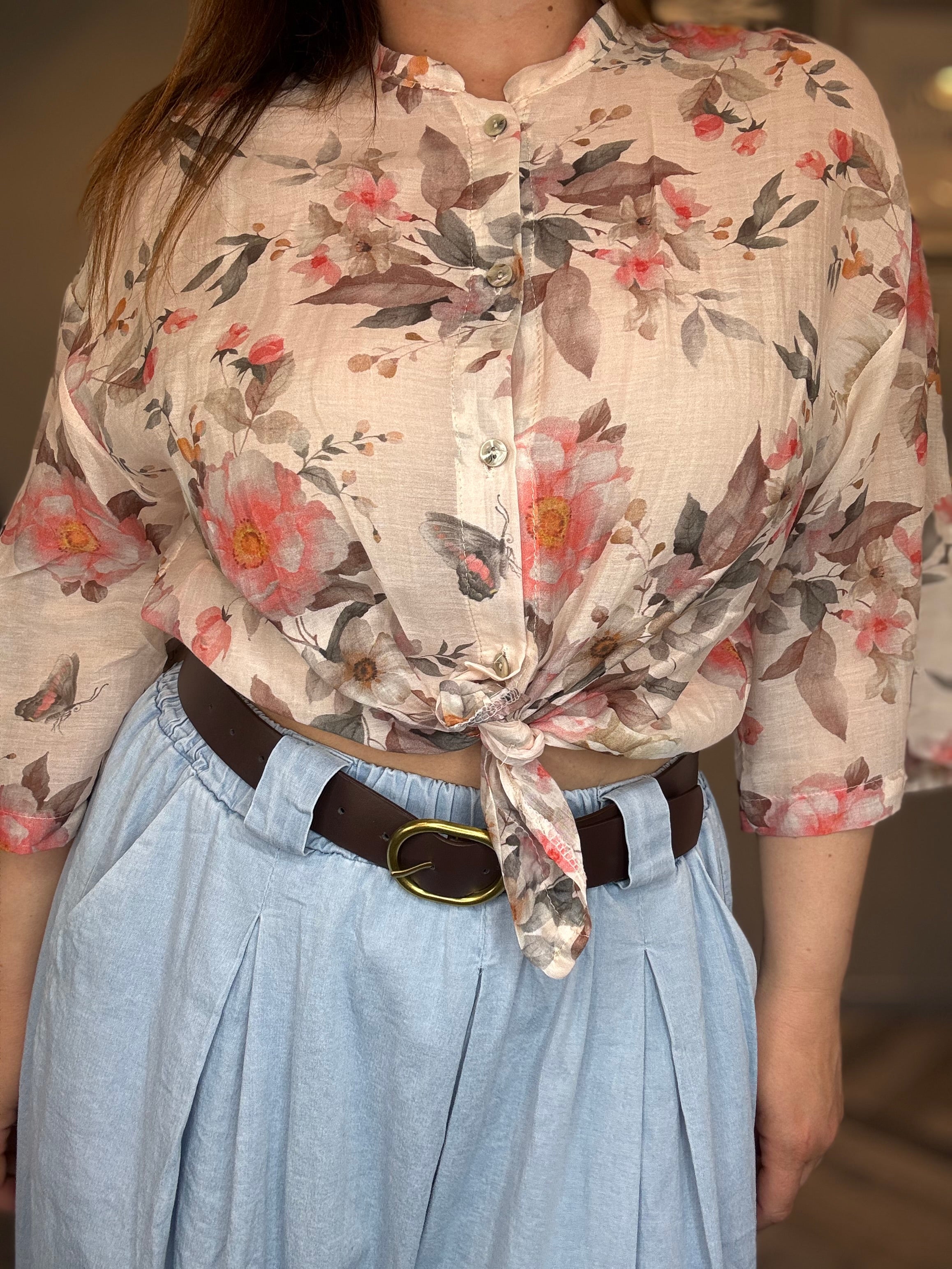 Camicia misto seta fiori corallo