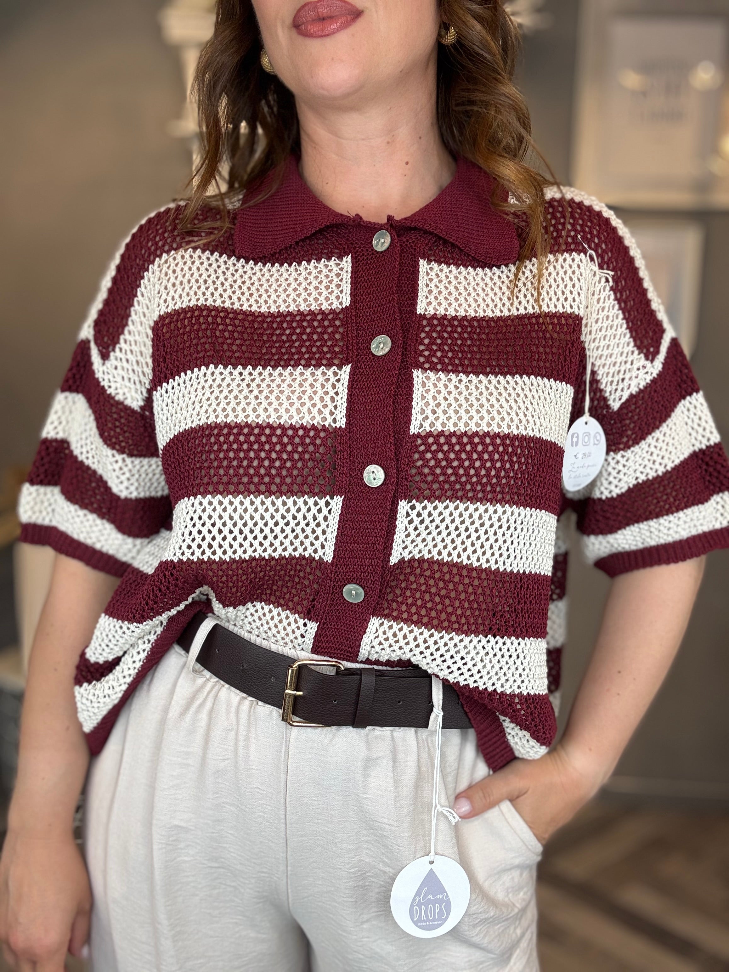 Polo traforata righe bordeaux