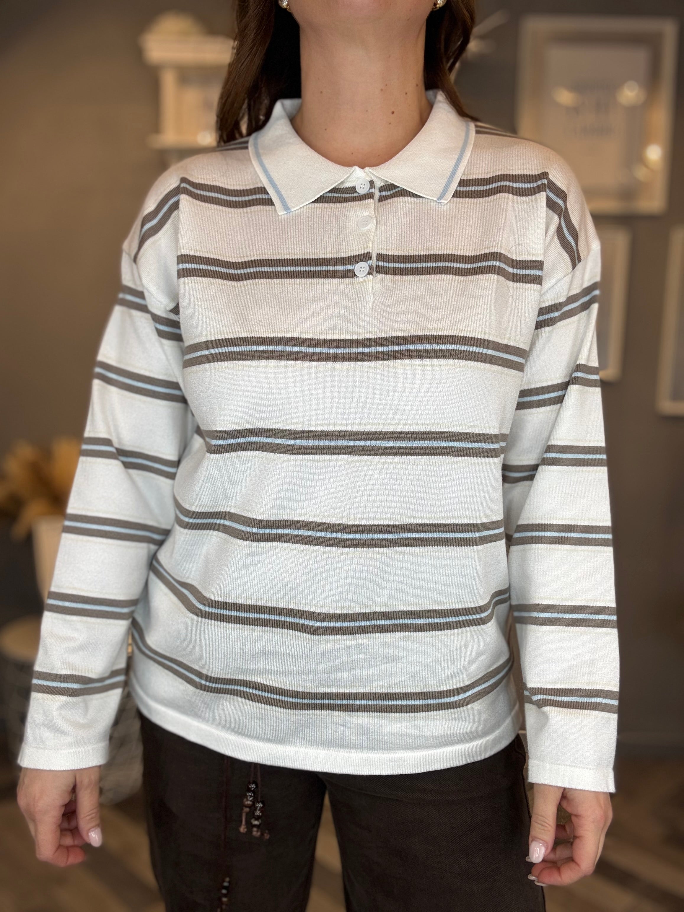 Maglia polo bianca a righe celesti