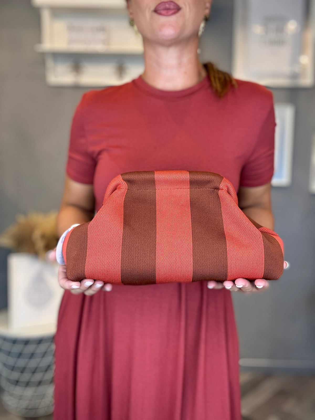 Borsa Stripe mattone e cioccolato